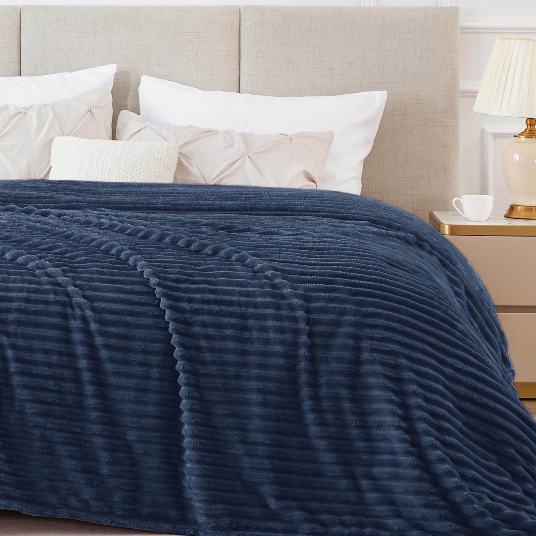 BEDELITE 3D Ribbed Jacquard Navy Blankets Queen Size for Bed, 90x90 Inch | Soft Warm Decorative Fluffy Blanket, Cozy Fuzzy Lightweight Plush Fleece Throw Blankets for Bed, Room Decor, Gift for Women