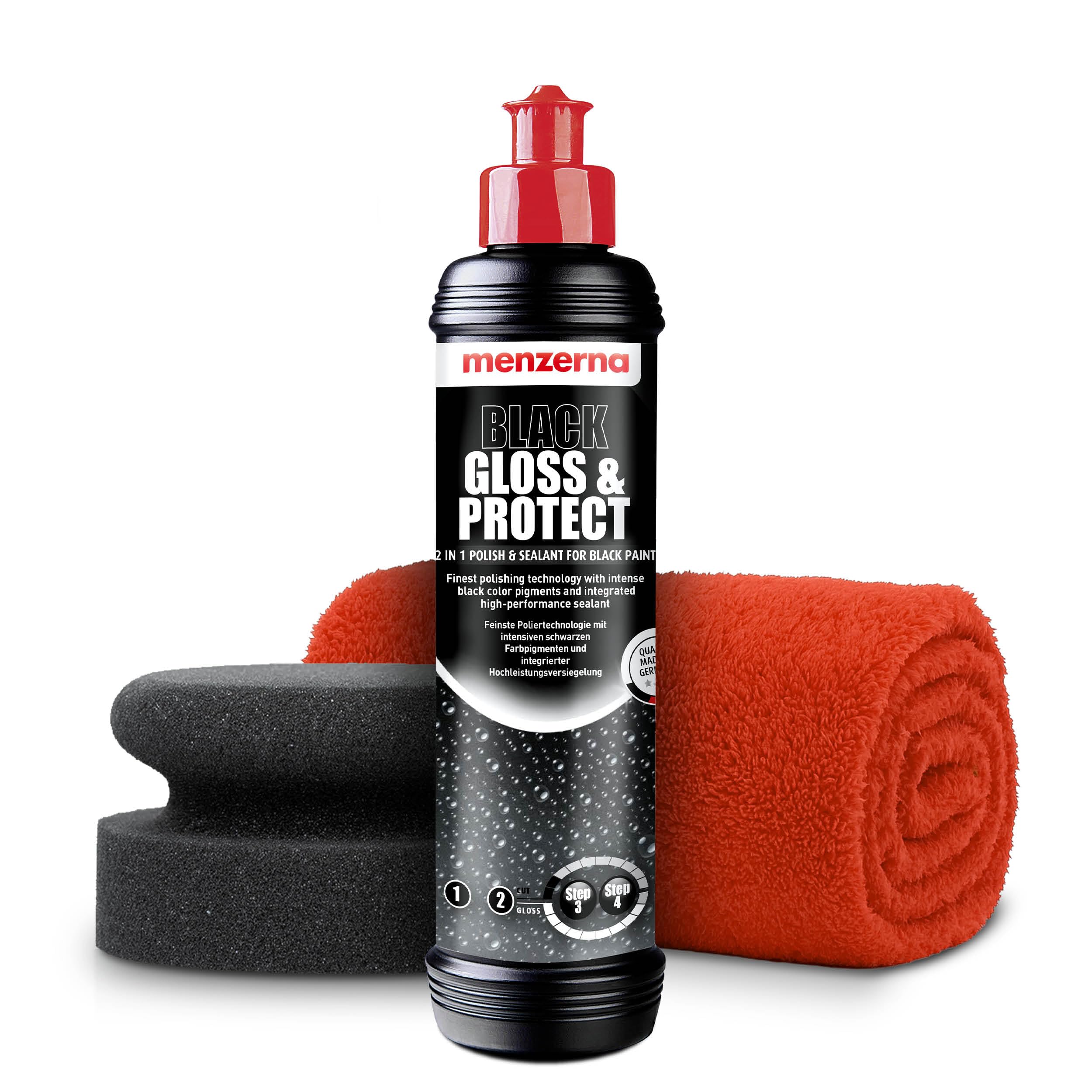 Auto Politur Set | Menzerna Black Gloss & Protect 250ml Autopolitur + Polierschwamm + Tuch | Schwarze Polierpaste mit Versiegelung für dunkle Metalliclacke | Polierset zur Entfernung leichter Kratzer