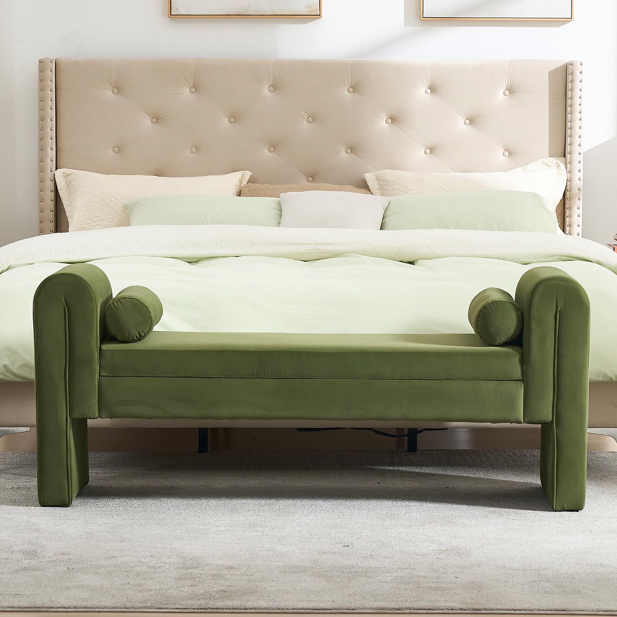 Hdxdkog Storage Bench for Bedroom End of Bed, Velvet Upholstered Rolled Armed Button Tufted Sofa Stool Bench, Storage Ottoman Couch Long Bench with Solid Wood Legs (): Green-60.5 Inch