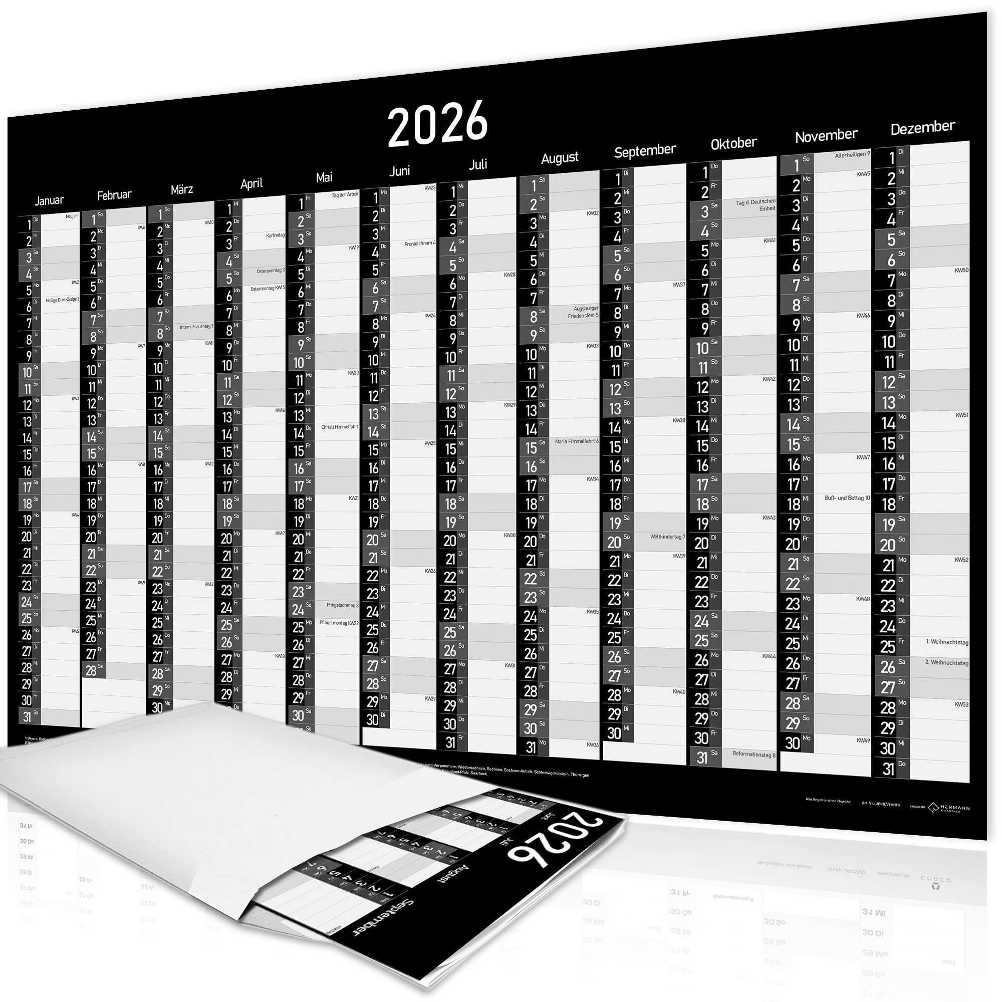 Großer XXL Wandkalender 2026 – Übersicht mit Feiertagen und Ferien