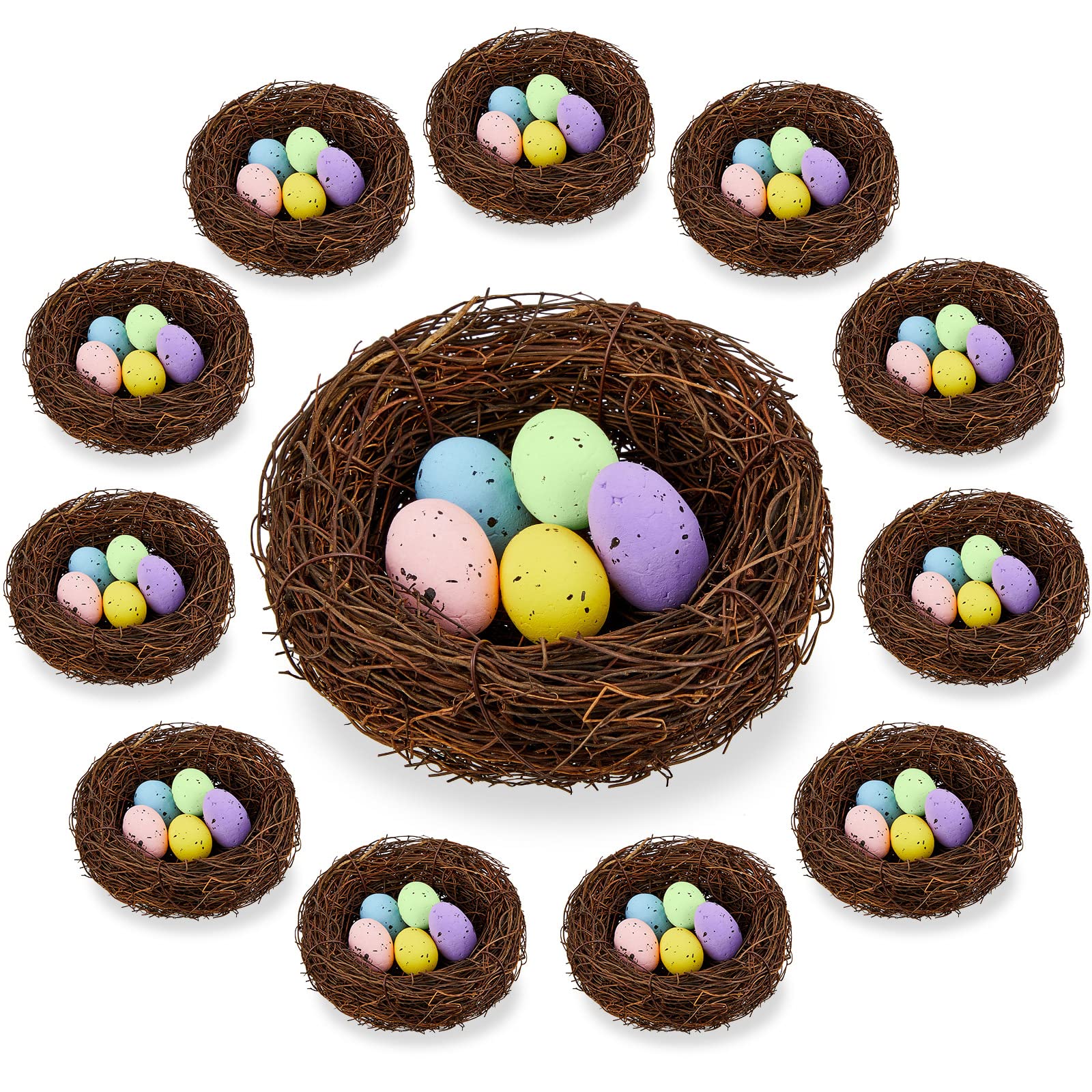 Tatuo 12 Pcs Easter Bird Nest with 60 Pcs Eggs Spring Party Decoration Handmade Miniature 4 Inch Birds Nests Decorative for DIY Spring Displays and Easter Decorations(Pale Yellow,Light Green)