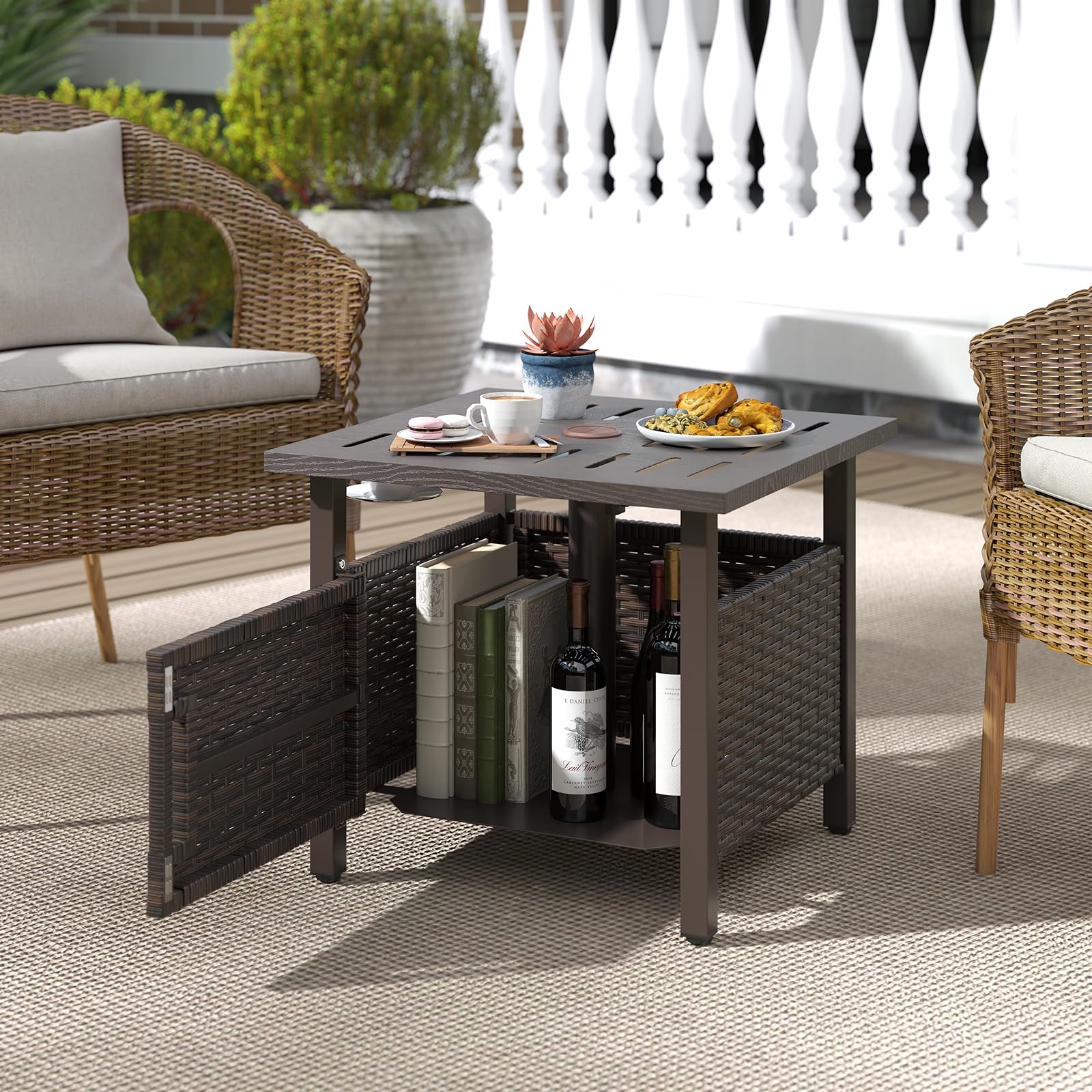 LIFEZEAL Tavolo da giardino in polyrattan con foro per ombrellone, per esterni, resistente alle intemperie, con 2 sacchi di sabbia, tavolo quadrato da balcone per giardino, cortile, terrazza, 55,5 x