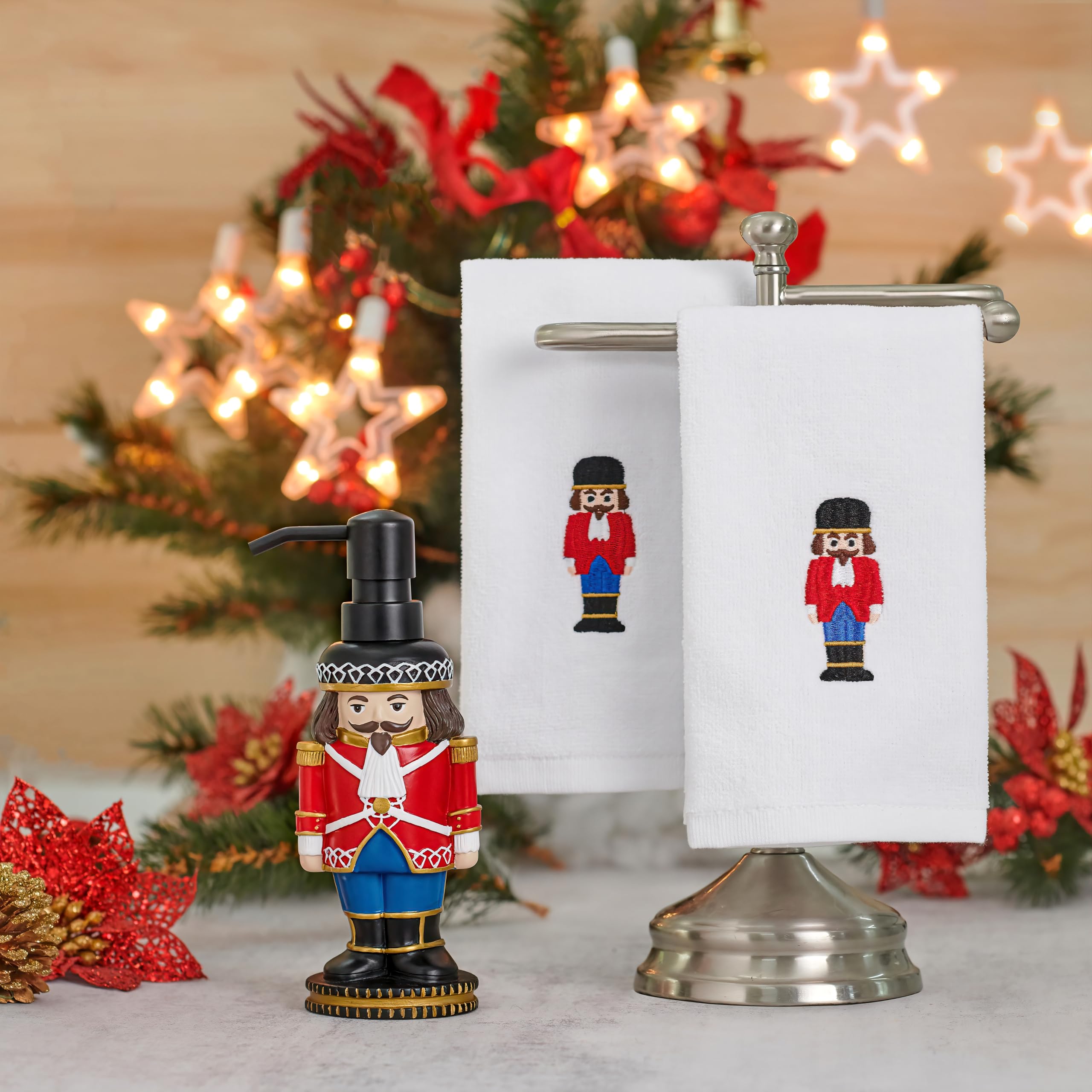 Indecor Home 3-Piece Bathroom Accessory Set | Christmas Decor | Resin Soap Pump | 2 Cotton Embroidered Hand Towels | Box Set | Great Gift | for Bathroom, Kitchen, Any Countertop | (Nutcracker)