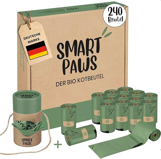 SMARTPAWS Hundekotbeutel biologisch abbaubar (heim- kompostierbar) mit Bio Beutelspender | 240 zertifizierte Kotbeutel für Hunde | Extra starke Hundebeutel product image