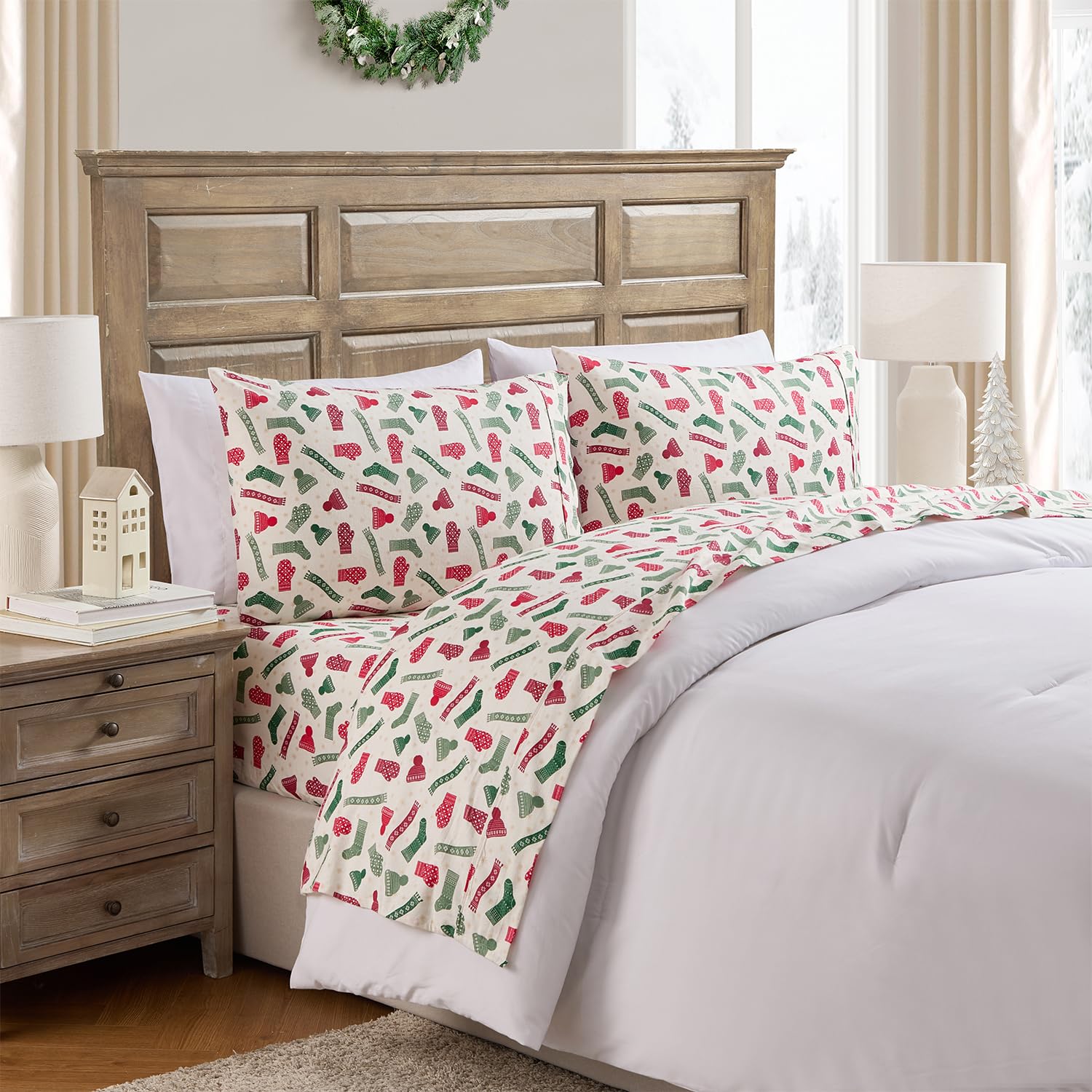 Hallmark - Holiday Sheets, 4-Piece Soft Brushed Cotton Sheet Set with Matching Pillowcase (Winters Multi, King)