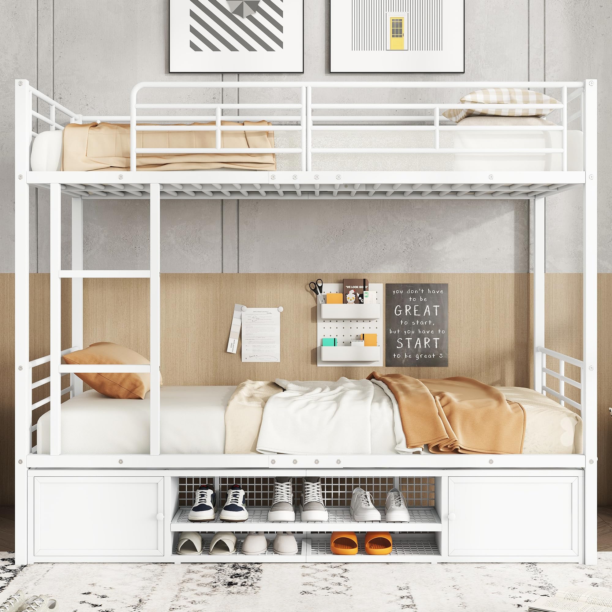 Litera de 90x200 cm con Zapatero Abierto y 2 Armarios, Literas Cama Infantil con Escalera y Protección Anticaída, Literas Infantiles Juveniles, Somier Metálico, Sin Colchón, Blanco