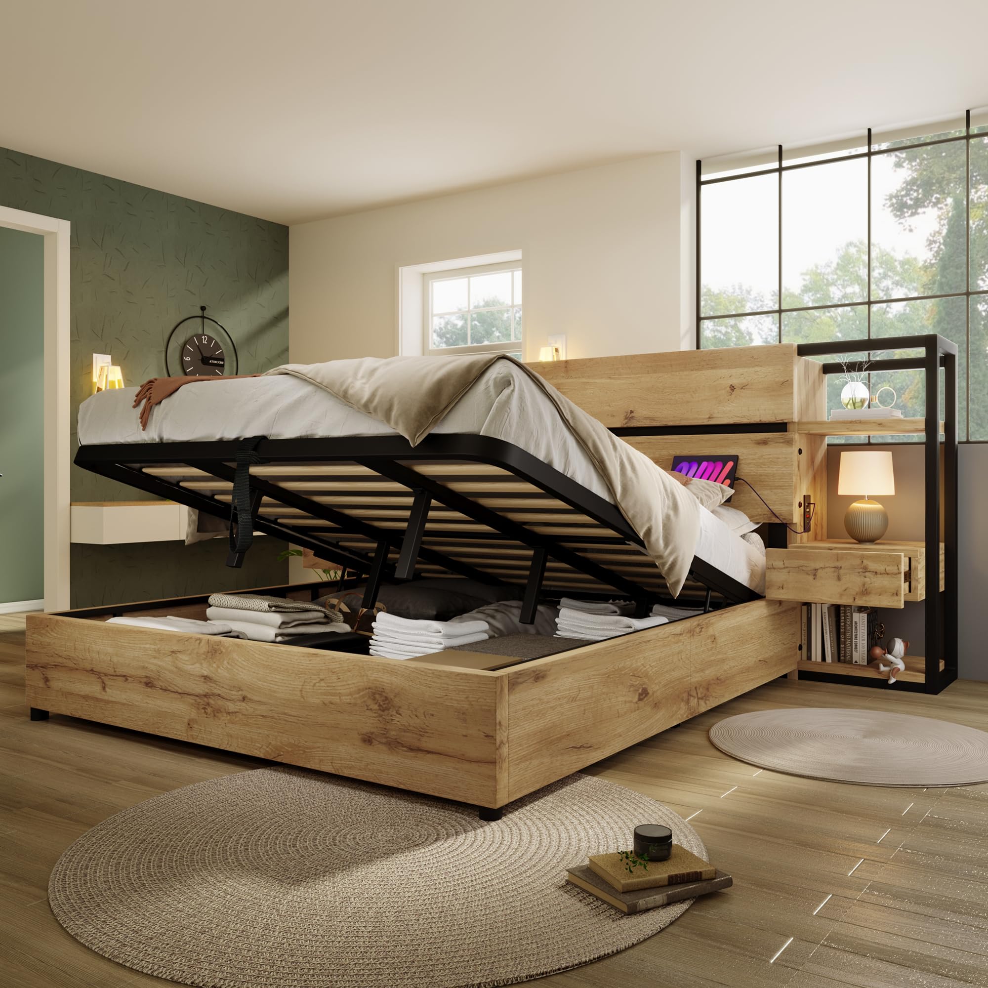 Hydraulisch opbergbed met hoofdeinde LED's en USB/Type-C-poorten - 90