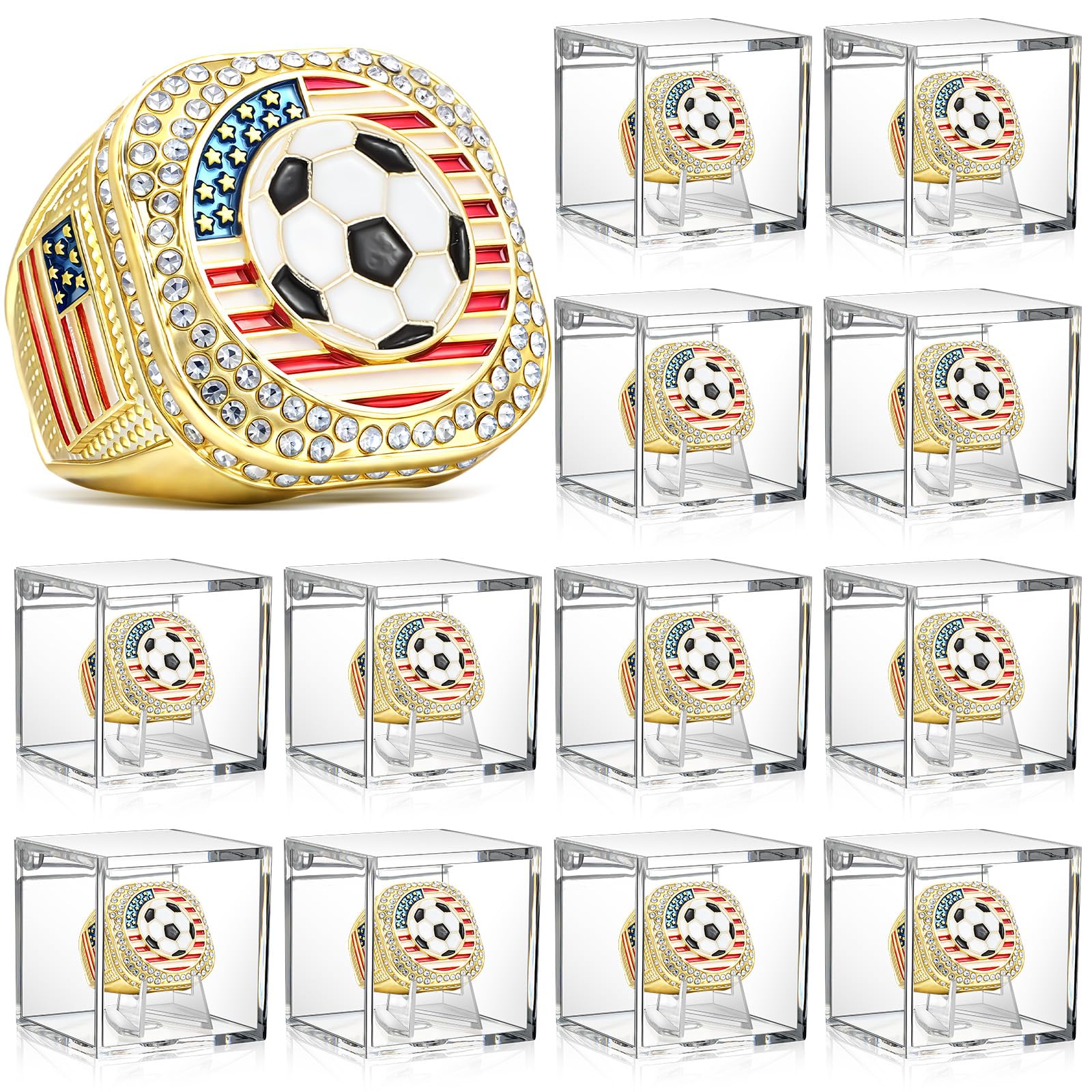 Landical 12 Set Championship Ring mit Vitrine und Ständer Halter Meisterschaft Ring Box Acryl Vitrine und Halter Champion Trophäe Ringe für Ligasieger