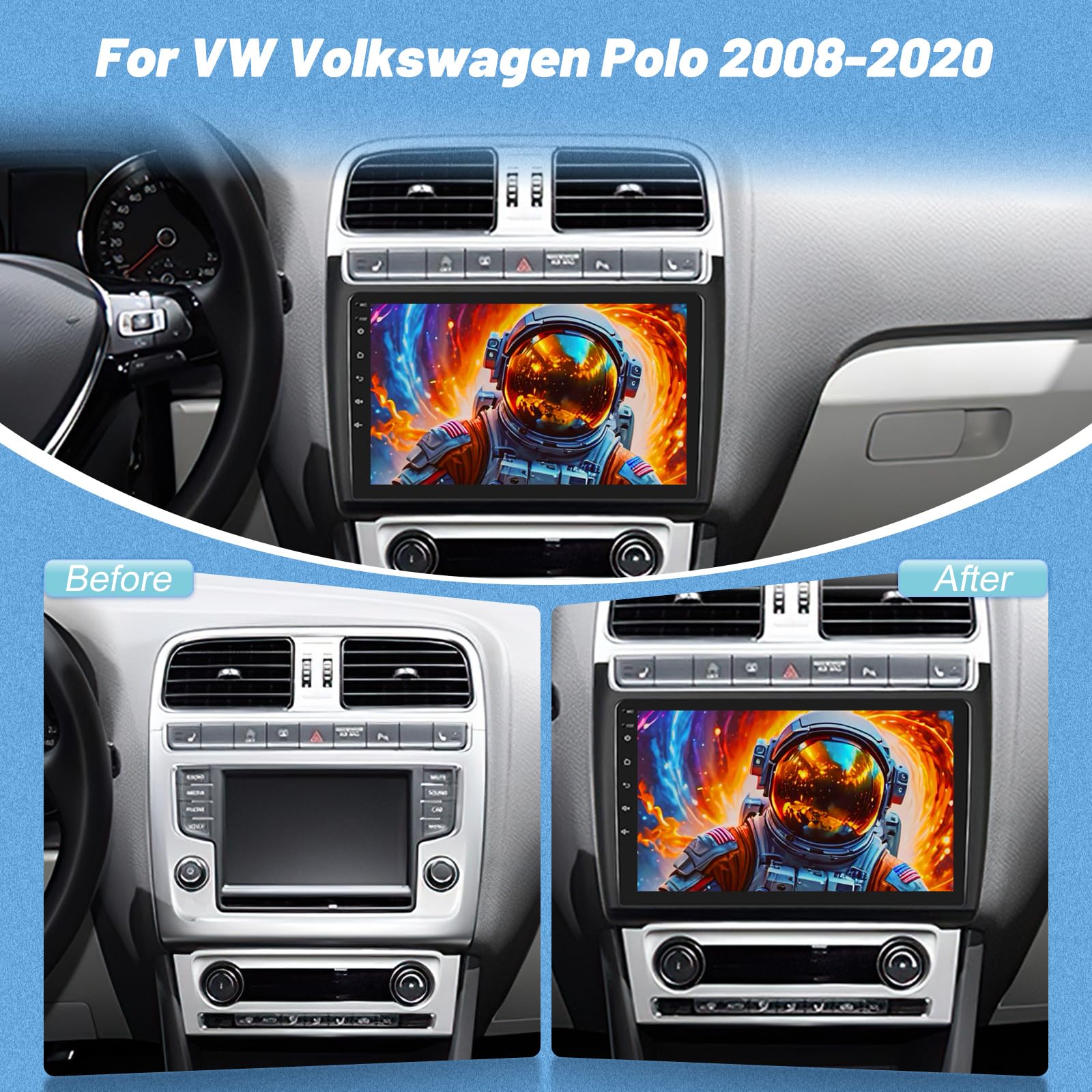 Radio de Coche para VW Volkswagen Polo 2008-2020, [2G+64G] Android Estéreo de Coche con Pantalla Táctil con Carplay Inalámbrico y Android Auto/Bluetooth/WiFi/Bluetooth/EQ/FM RDS Radio
