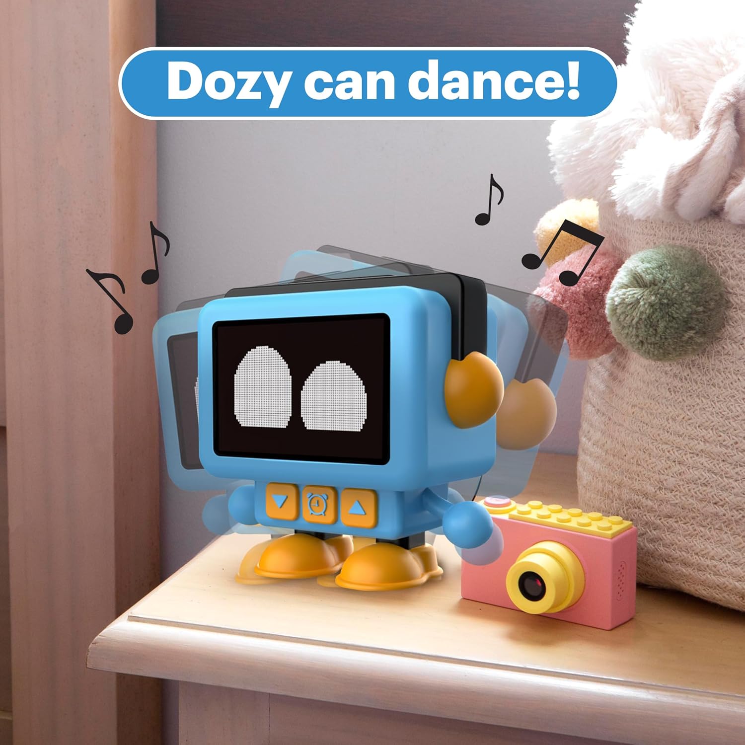 Dozy the alarm bot dancing on a nightstand