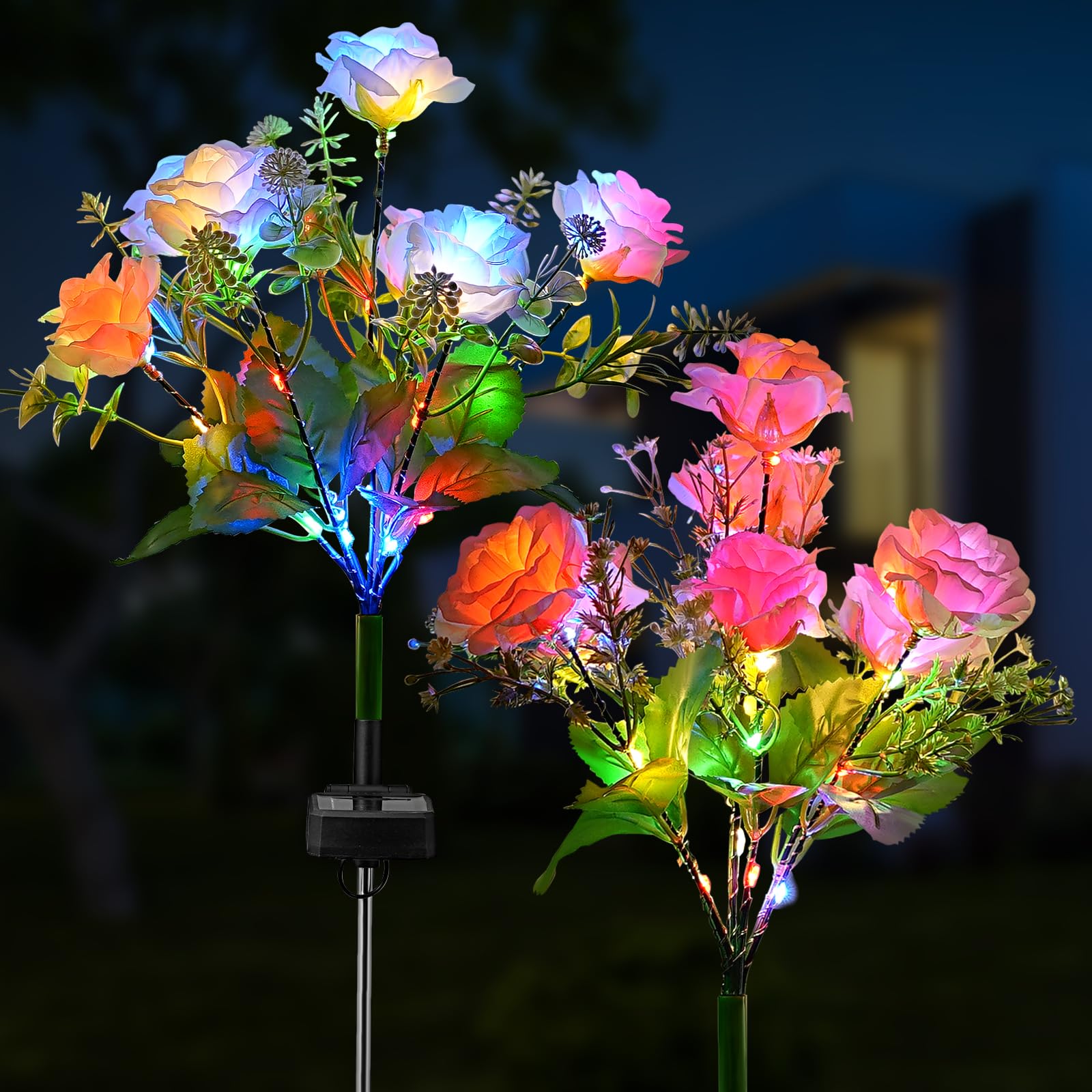 2 Pack Solar Garden Lights Outdoor, Colorful LED Waterproof Solar Powered Rose Flowers Landscape Lights for Outside Yard, Patio, Pathway Decorative, Décor, Gifts, Two Lighting Modes