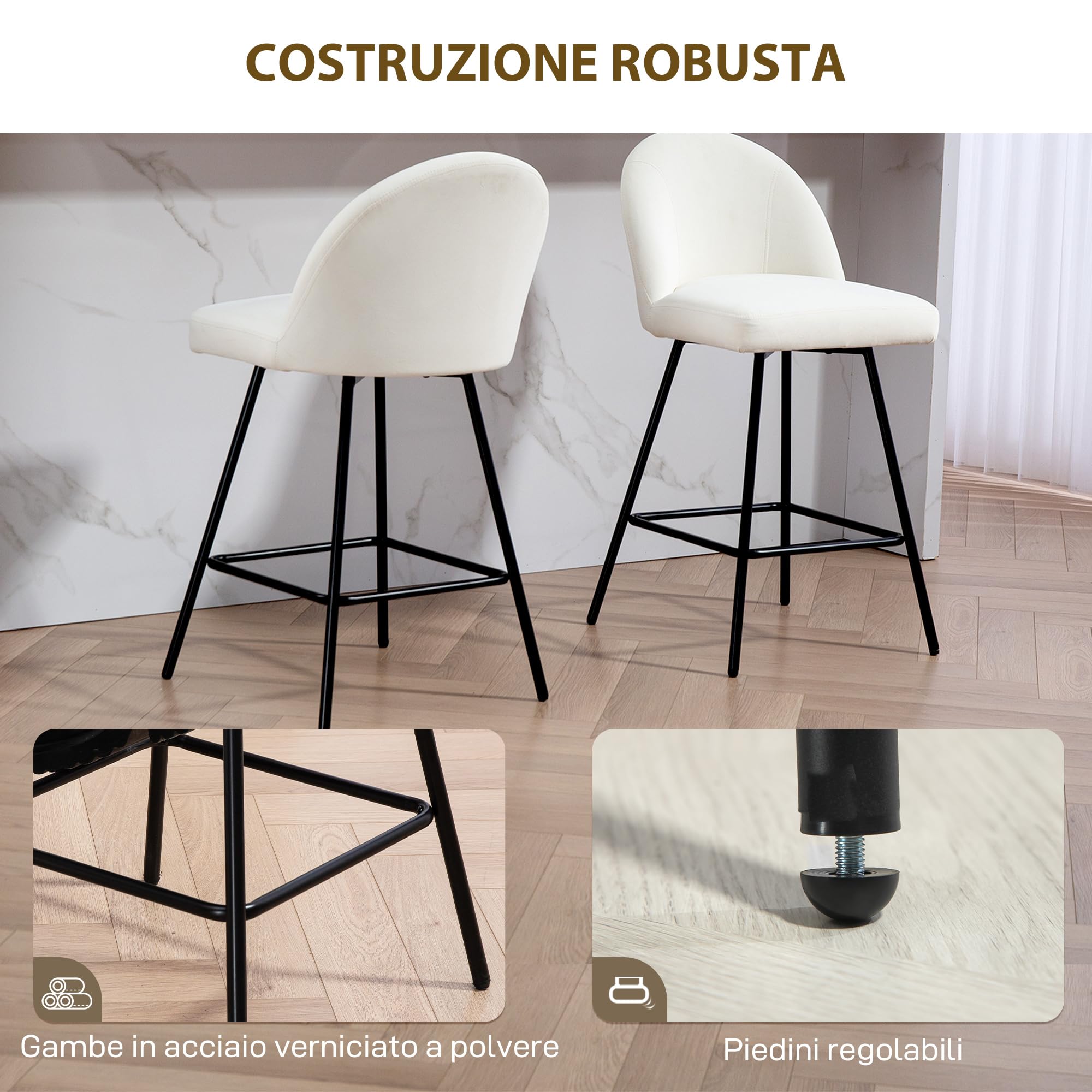 HOMCOM Set 2 Sgabelli da Bar con Poggiapiedi, Sedie Alte con Schienale in Velluto per Bancone Bar e Isola da Cucina, 48.5x56x92 cm, Bianco Crema