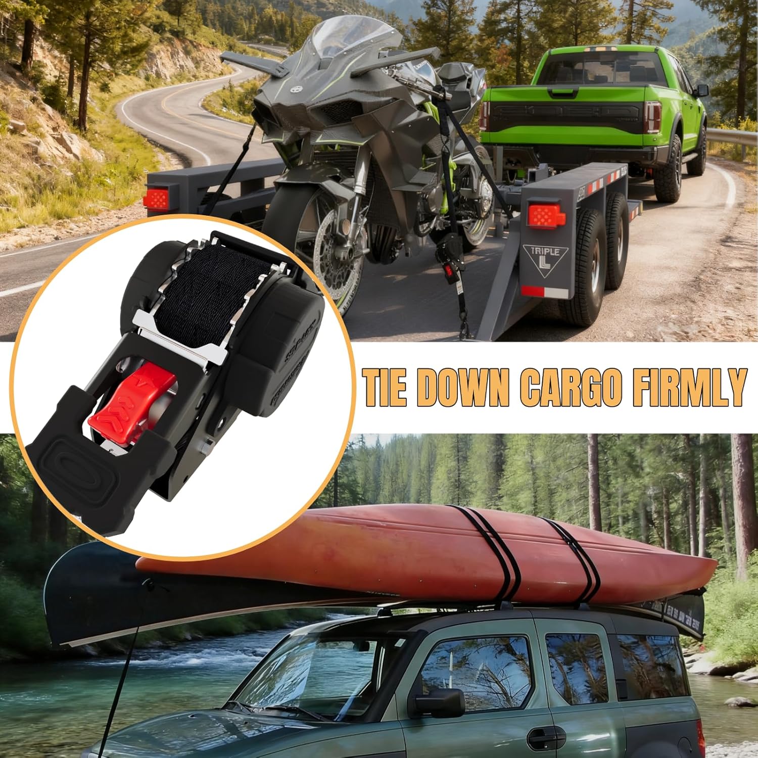 Retractable Ratchet Straps Heavy Duty Tie Down 1''*12ft Breaking Strength 1760LBS Cargo Securing System, for Motorcycle, Jetski, Kayak(2 Pack,Black) - Image 7