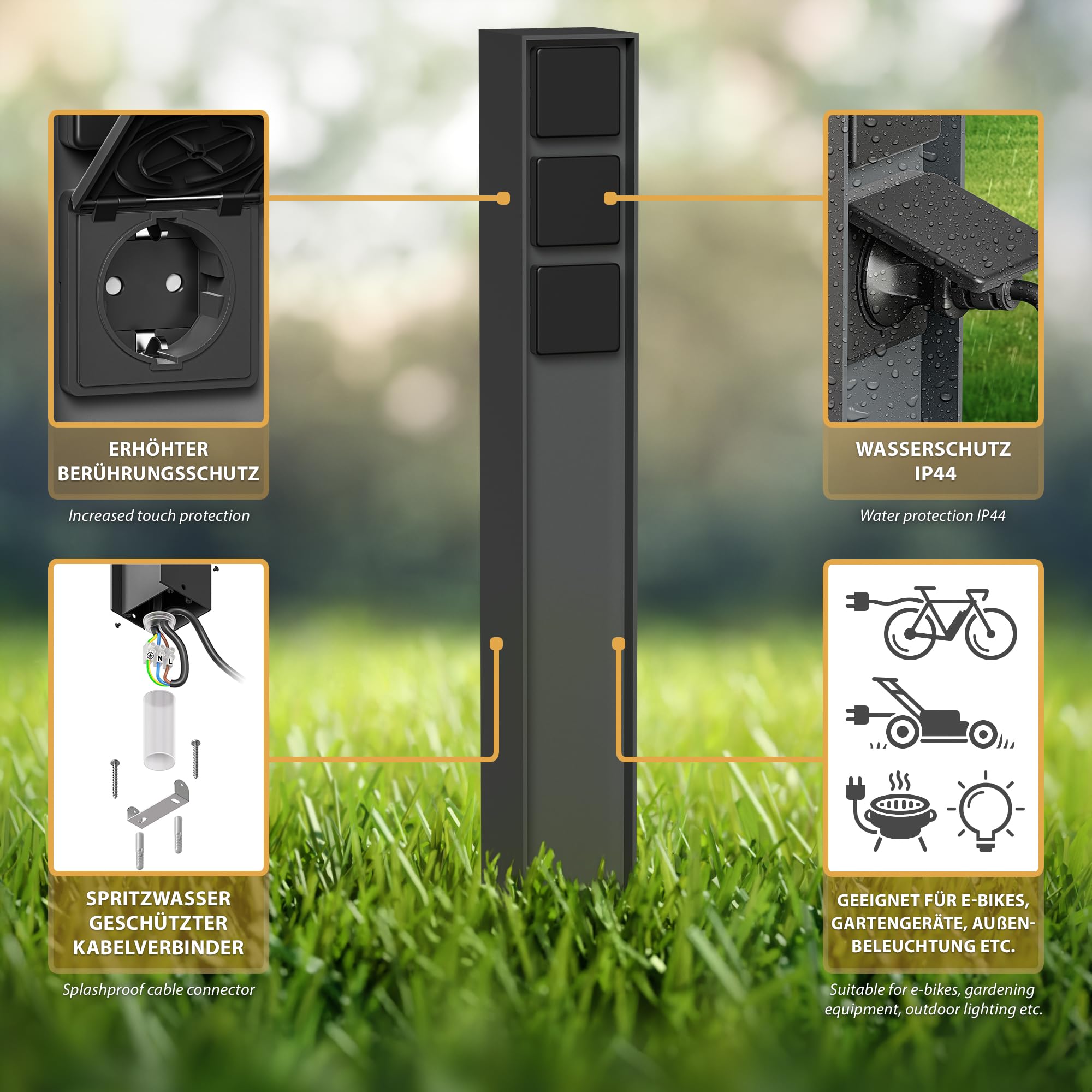ledscom.de Garten-Steckdosen-Säule PODEL mit Erdspieß für außen, IP44, 3-Fach, anthrazit, eckig, 60cm