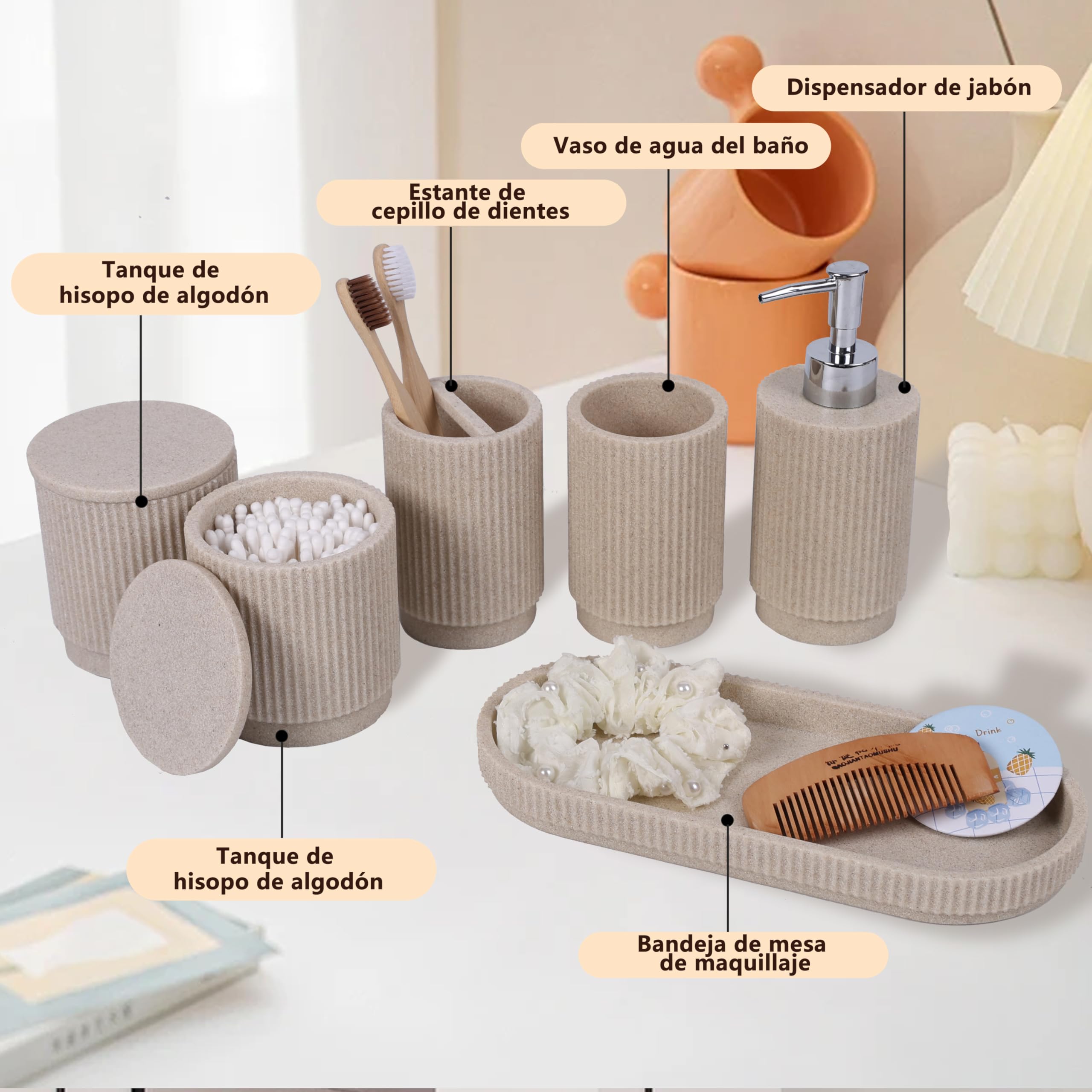 Set Completo de Accesorios de Baño 6 Piezas, Resina Beige Rayada | Dispensador de jabón, vaso, porta cepillos, bandeja, algodonero y organizador; conjunto completo para lavabo, tocador y baño.