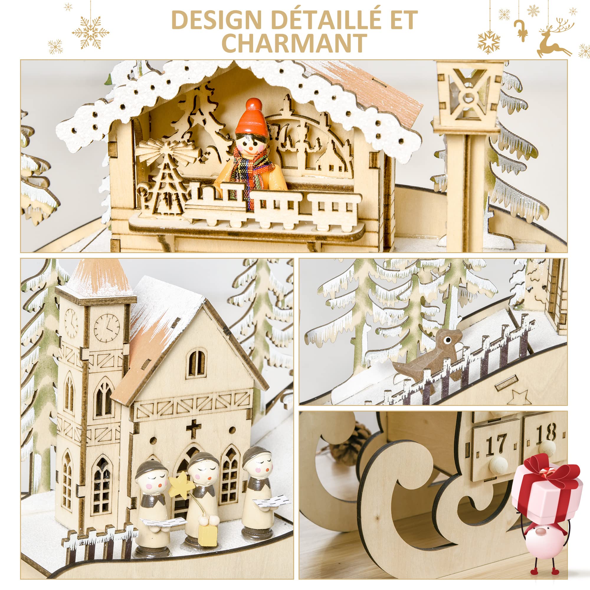 HOMCOM Calendrier de l'avent en bois Lumineux Frome de traineau - 10 lumières Blanc Chaud - 24 tiroirs - décoration Lumineuse de Noël