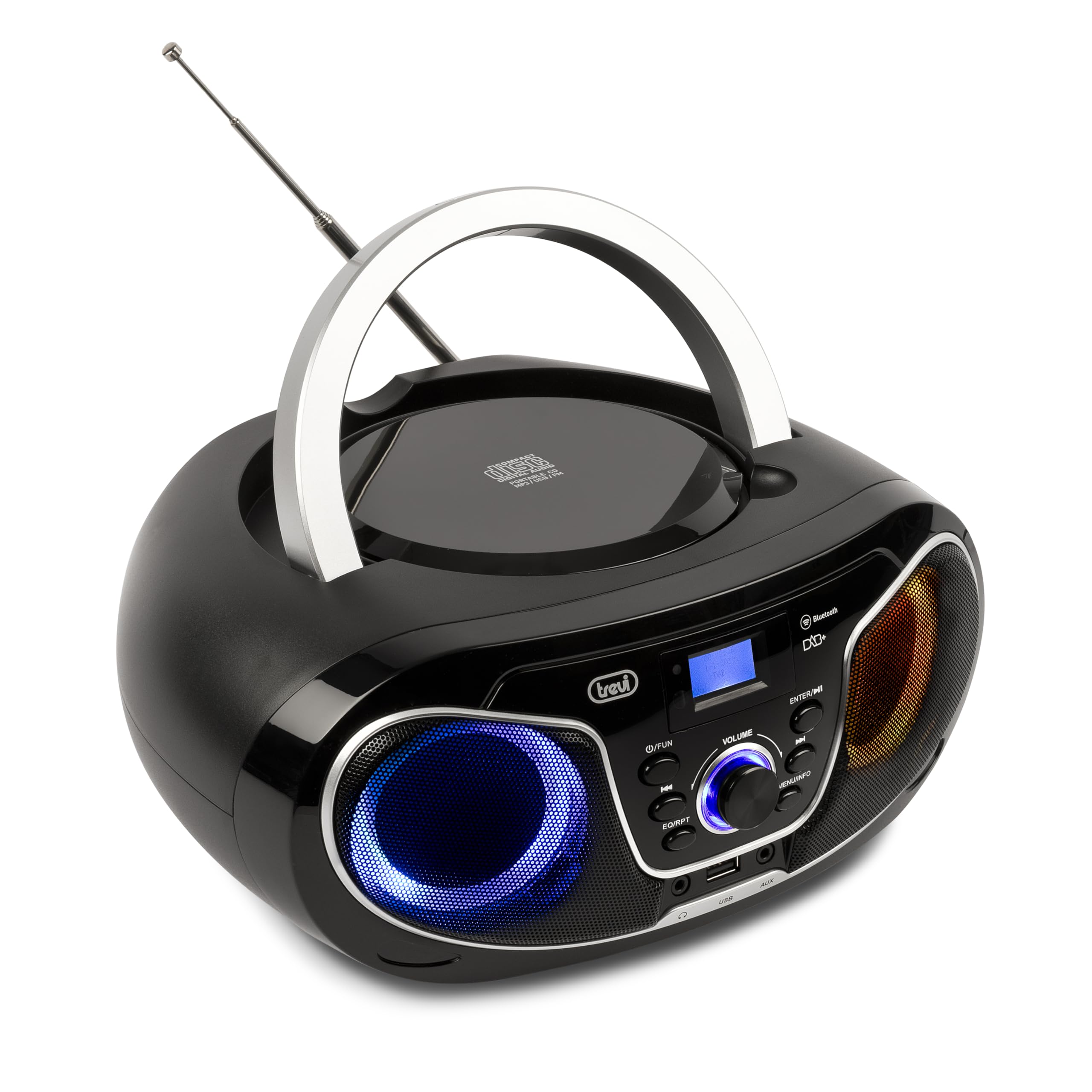 Trevi CMP 588 DAB Stereo Portatile Wireless con Radio Digitale DAB e FM, Boombox con Lettore CD, USB, AUX-IN, Antenna Telescopica, Display ad Alta Leggibilità, Alimentazione a Corrente e Batterie
