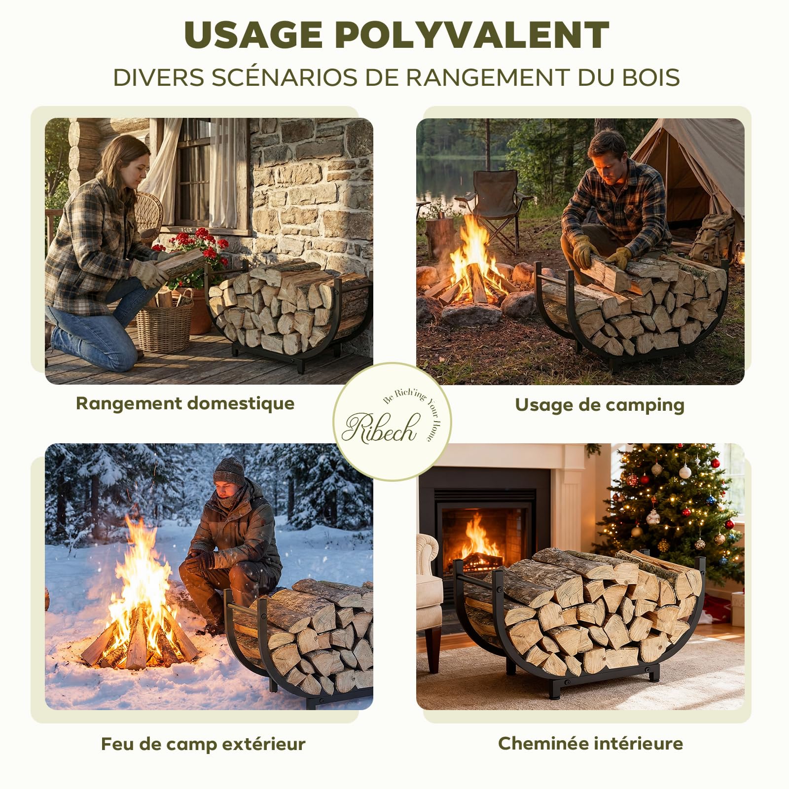 Rangement à Bois de Chauffage en Métal Porte-bûches pour Intérieur et Extérieur | Étagère Design pour Cheminée, Jardin, Camping et Camping-car | Montage Facile, Noir