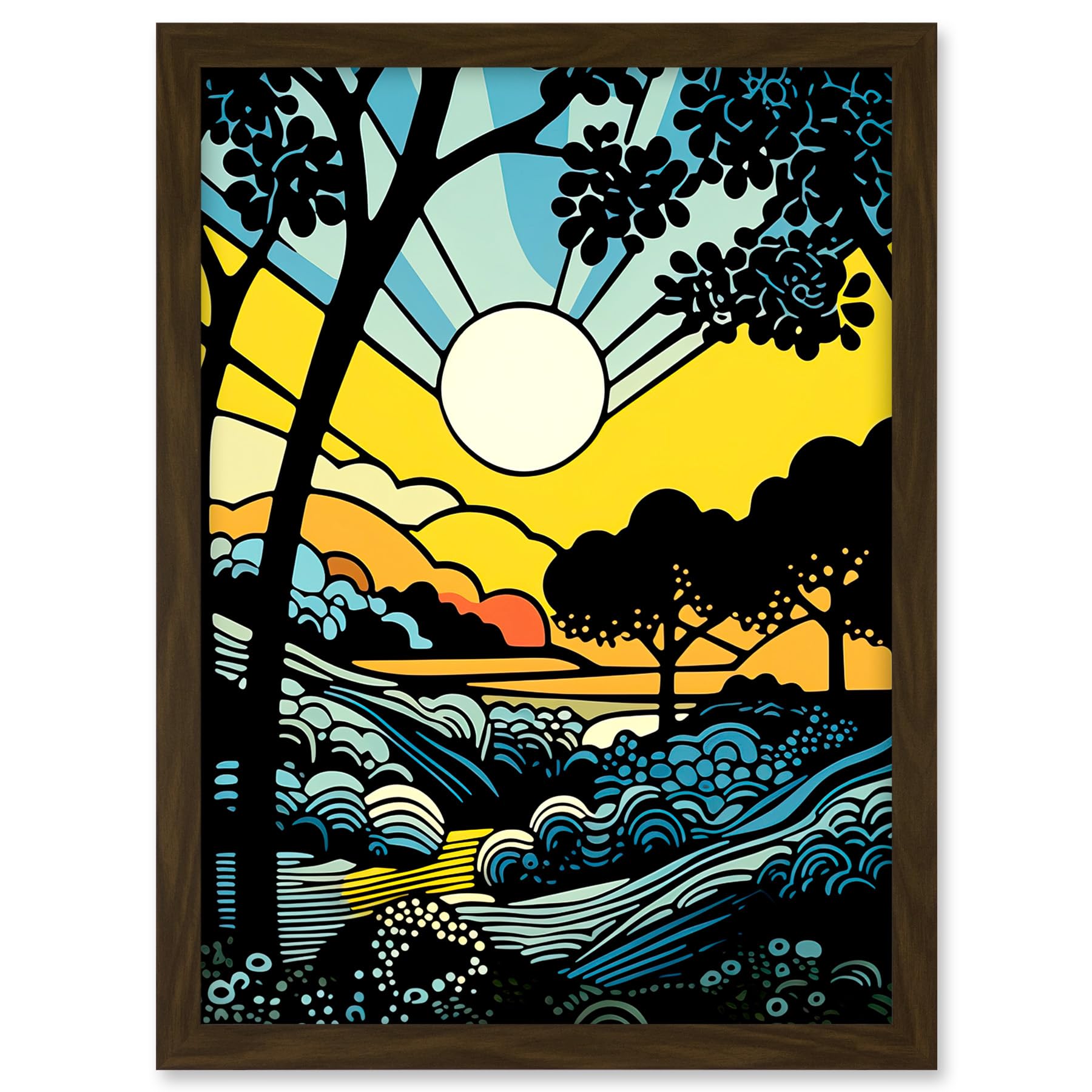 Artery8 Forest Sunrise Landscape Sun Rays Patterns Blue Orange Pop Art Comic Book Halftone Artwork Framed A3 Wall Art Print