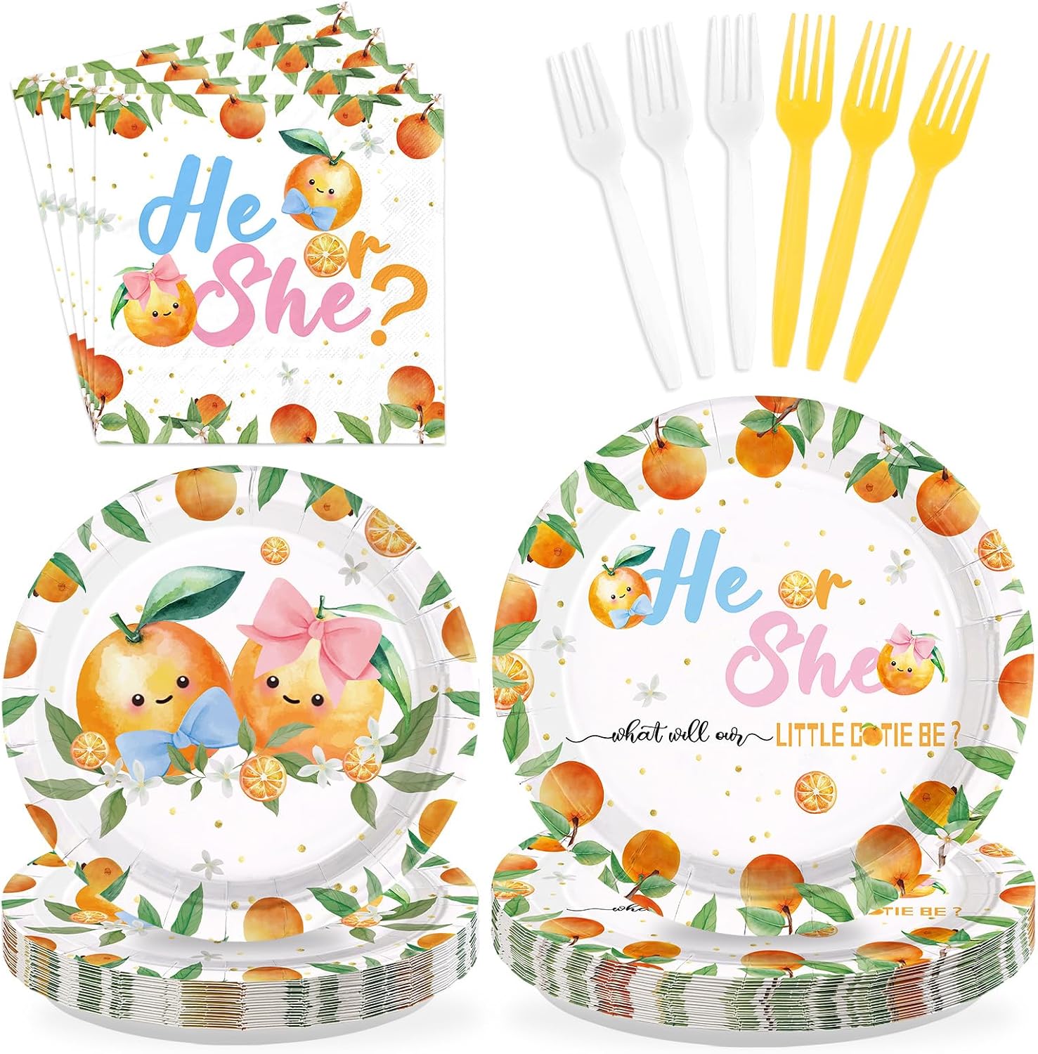 96 Pcs Little Cutie Gender Reveal Party Decorations Orange Theme Plates and Napkins Cute Orange Tableware Set for He or She Gender reveal Baby Shower Party Supplies, Serves 24