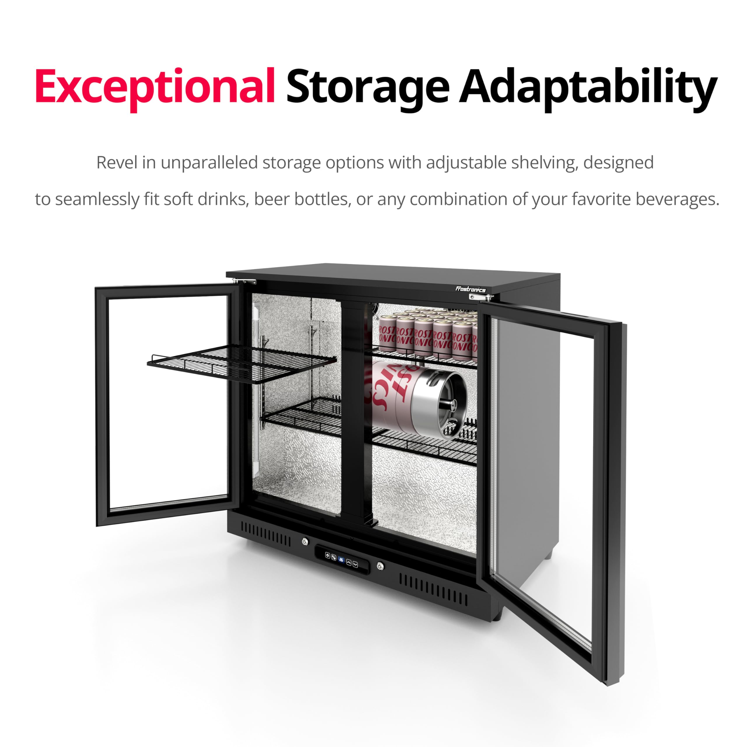 Frostronics 36 Inch 206 Cans Duo Hinged Door Back Bar Beverage Cooler, 6.75 Cu. Ft. Under Counter Glass Door Bar Fridge With Hinged Doors, Lockable, 32-50°F Display Refrigerator, Etl Certified, Black on Fridge.com - View 5