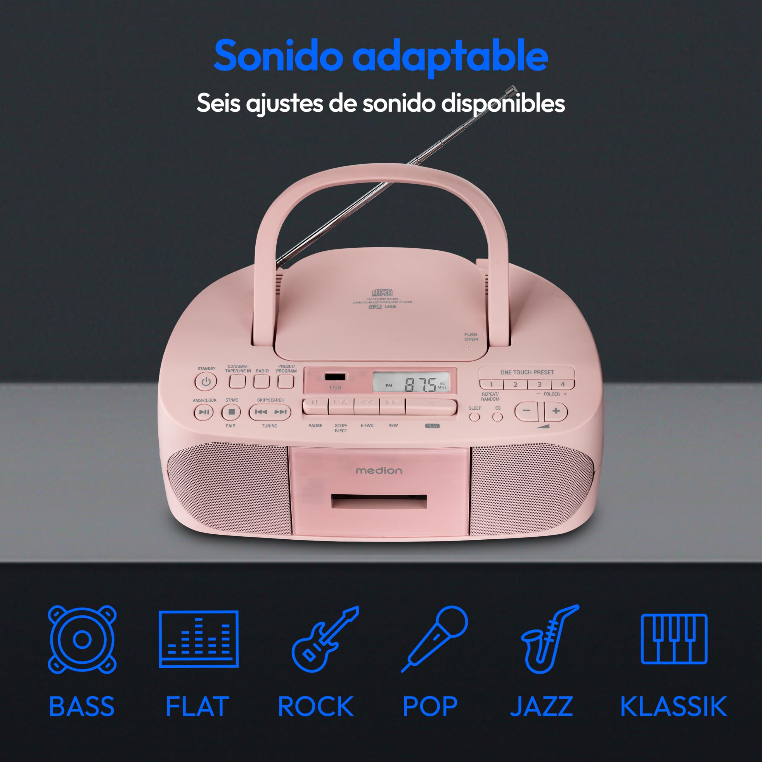 MEDION E65010 Radio estéreo (Reproductor de CD, Casete, conexión USB, Entrada de Audio AUX, reproducción MP3. Radio FM PLL, Memoria para 40 emisoras, Funcionamiento con Pilas, Mando a Distancia) Rosa