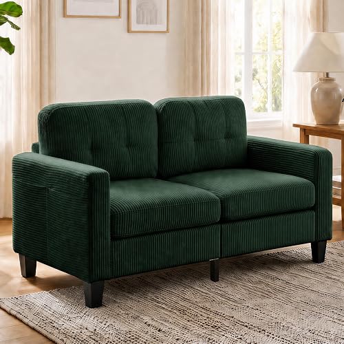 Mjkone Corduroy Loveseat Sofa, 2-Seat Small Couch with Side Pockets, Comfy Uphol