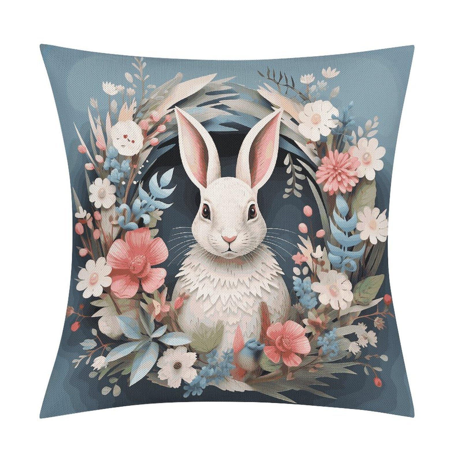 Fodpand Style Easter Wreath With Rabbit Pillow Covers 18X18 Inch, Pillow Cases Boho Farmhouse, Throw Pillow Covers For Couch Sofa Bed Spring Home Decor