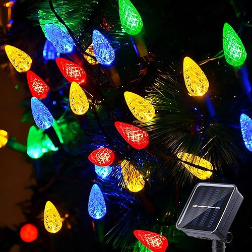 Miniatura 1 de ITICdecor Guirnalda de luces solares C6 de fresa para exteriores, 50 luces LED de Navidad, 8 modos de iluminación, impermeable para interiores y