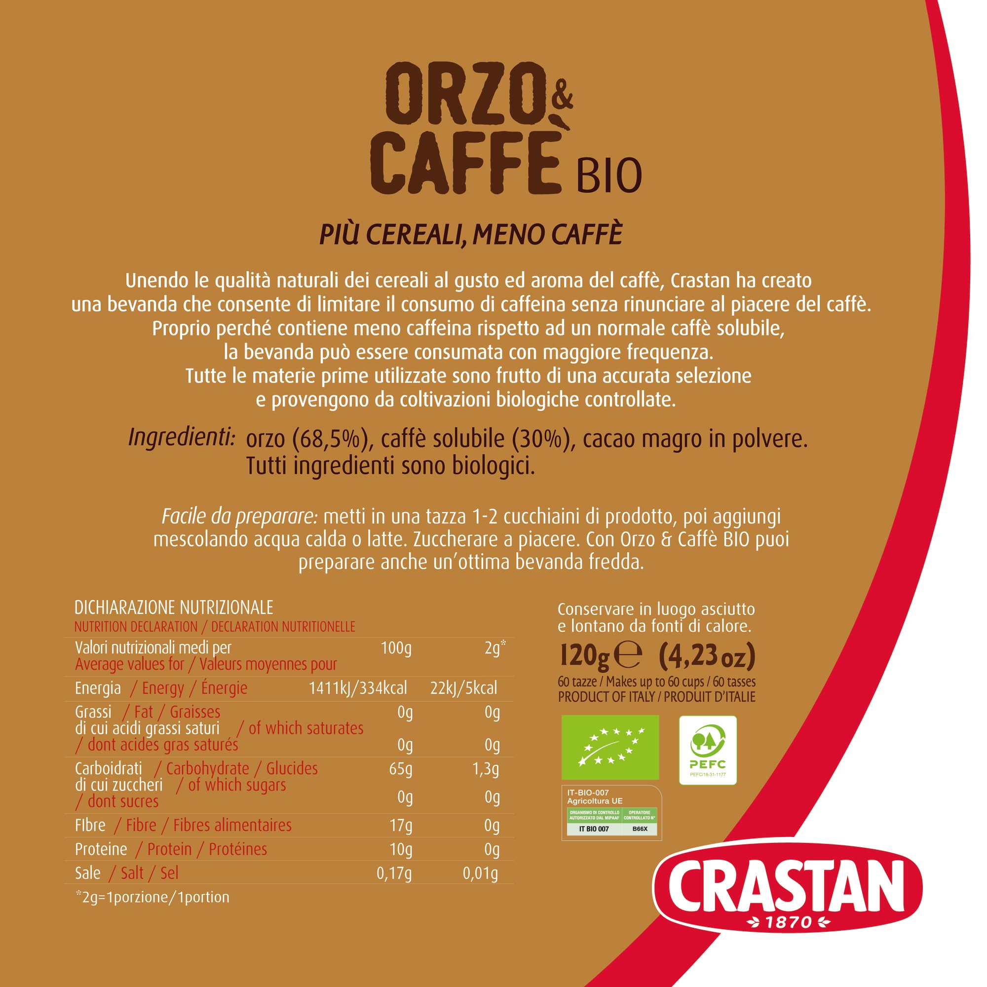 Crastan Solubile - Orzo & Caffè da agricoltura biologica - 6 Barattoli da 120g [tot. 720g] (Confezione da 2)