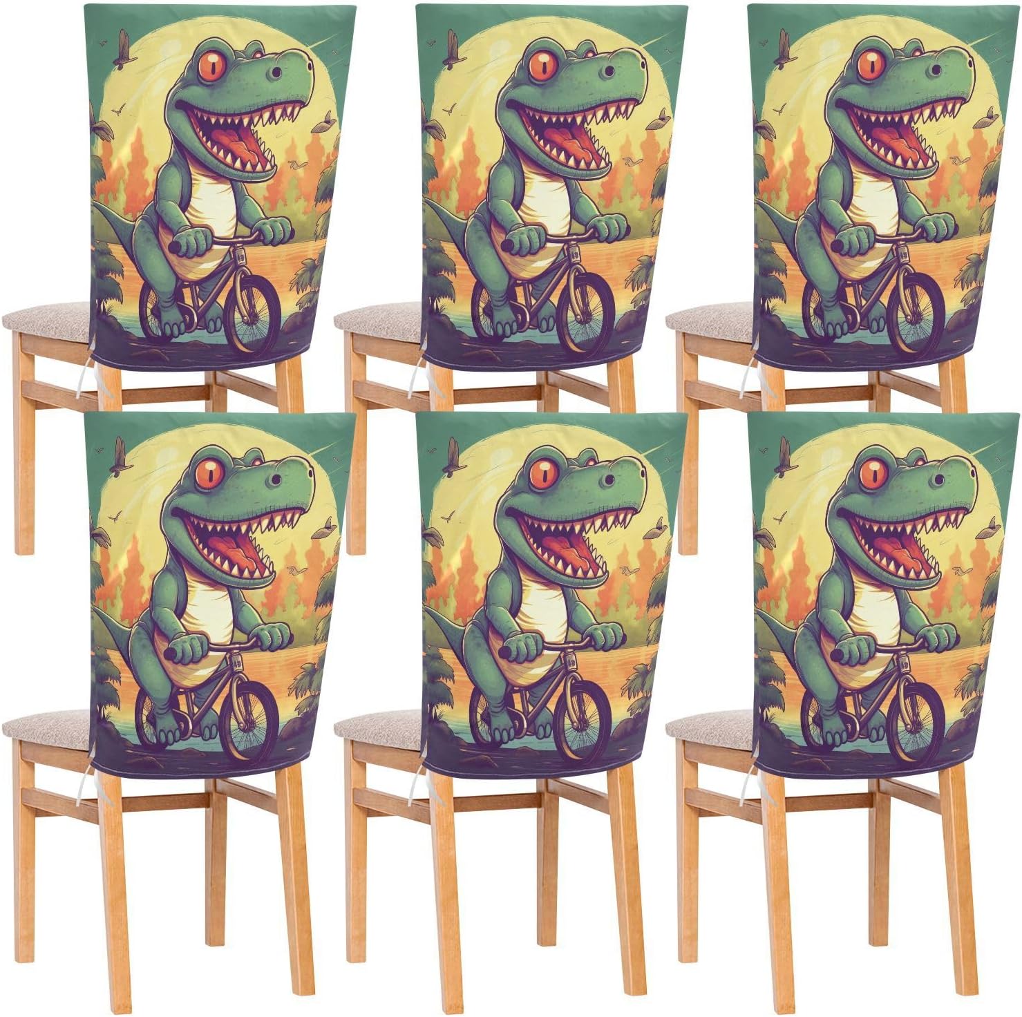 ALAZA Dinosaur Ride Bicycle Pattern Chair Back Cover Set of 6, Washable Reusable Removable Chair Slipcovers Decorative Chair Cover for Home Kitchen Wedding Party