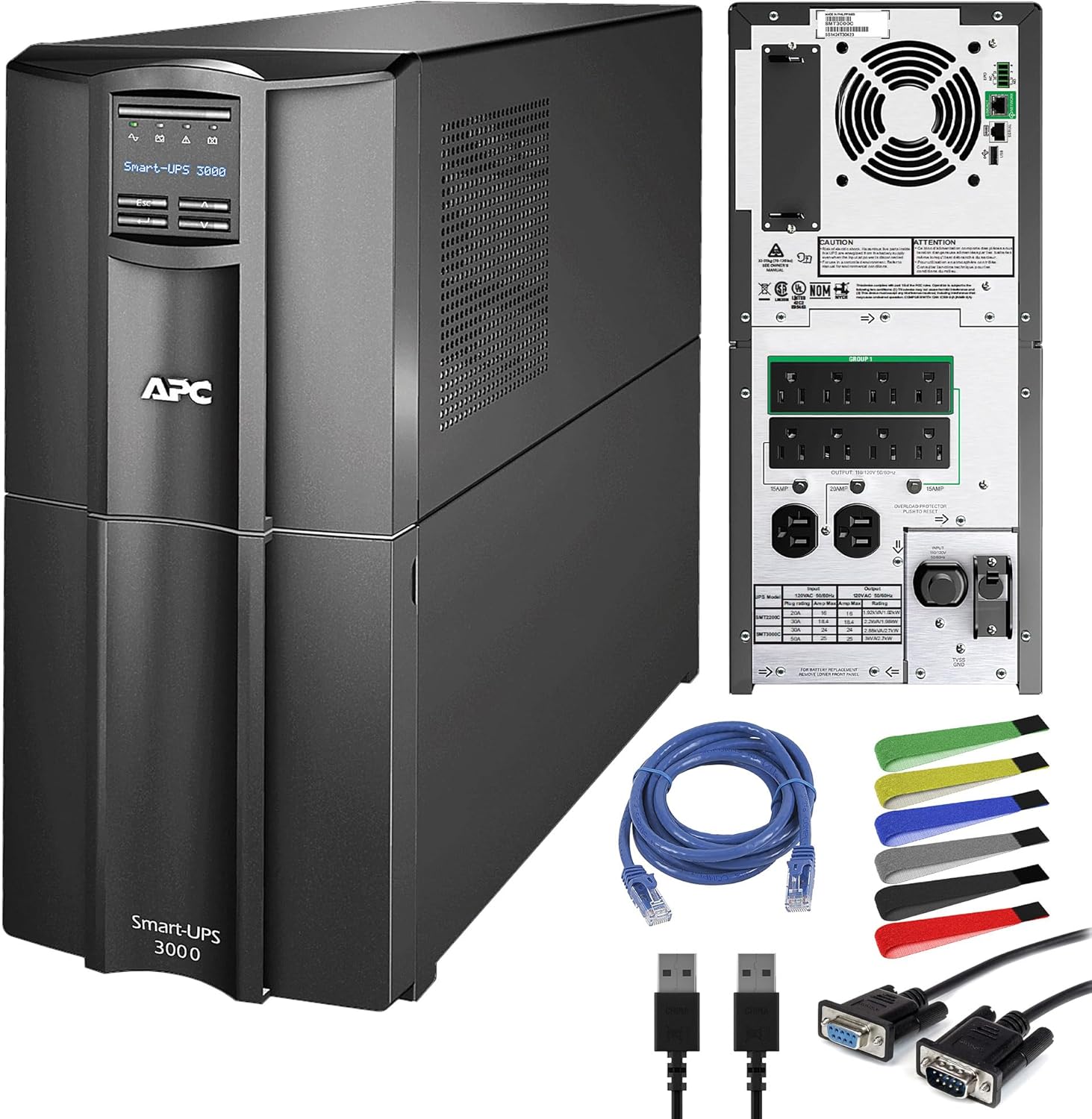 APC 3000VA Smart UPS with SmartConnect, SMT3000C Sinewave UPS Battery Backup + Network Cable + Wire Ties