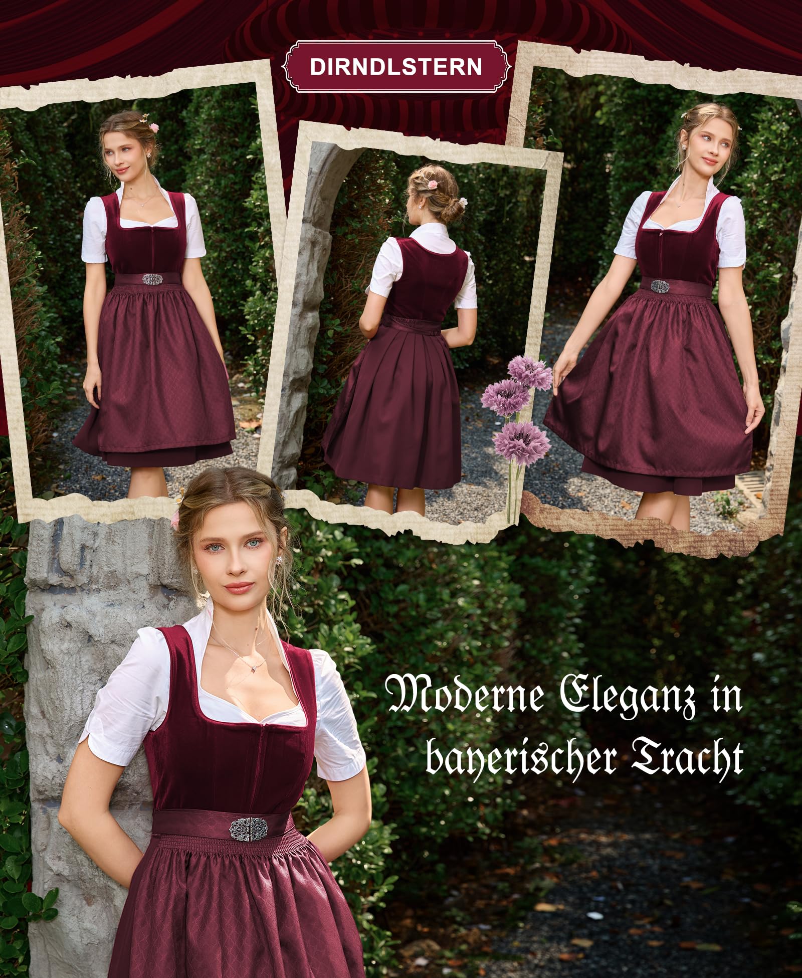 DIRNDLSTERN Damen Trachtenkleid Rot - Midi Dirndlkleid Oktoberfest Outfit Samt Trachtenrock mit 60 cm Dirndlschürzen