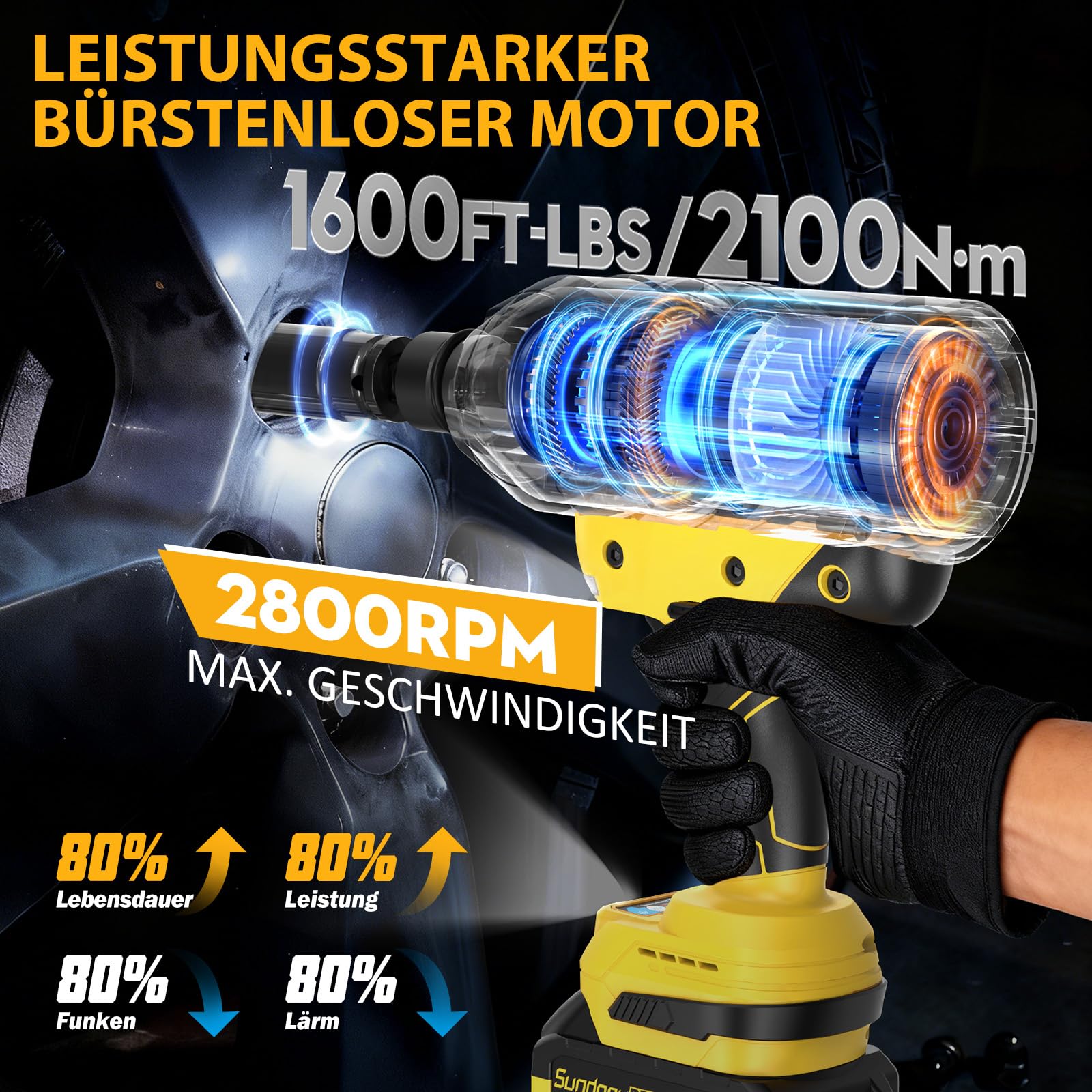 Akku Schlagschrauber 2100N·m, Bürstenloser Schlagschrauber mit Hohem Drehmoment und 2 x 4,0 Ah Akku, Impact Wrench mit 3/4" auf 1/2" Adapter, 5 Stecknüssen und Koffer für Auto, LKW, Gelb
