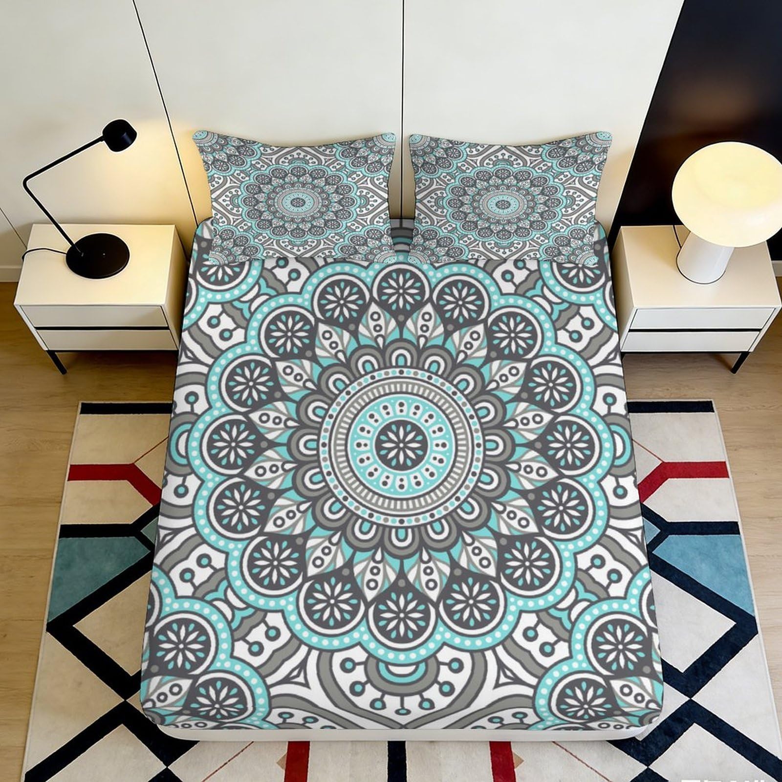 3D Printed Mandala Pattern Fitted Sheet Microfiber Soft Breathable Boho Geometry Bed Cover for Bedroom Dorm Mattress Protection 90x200x25cm