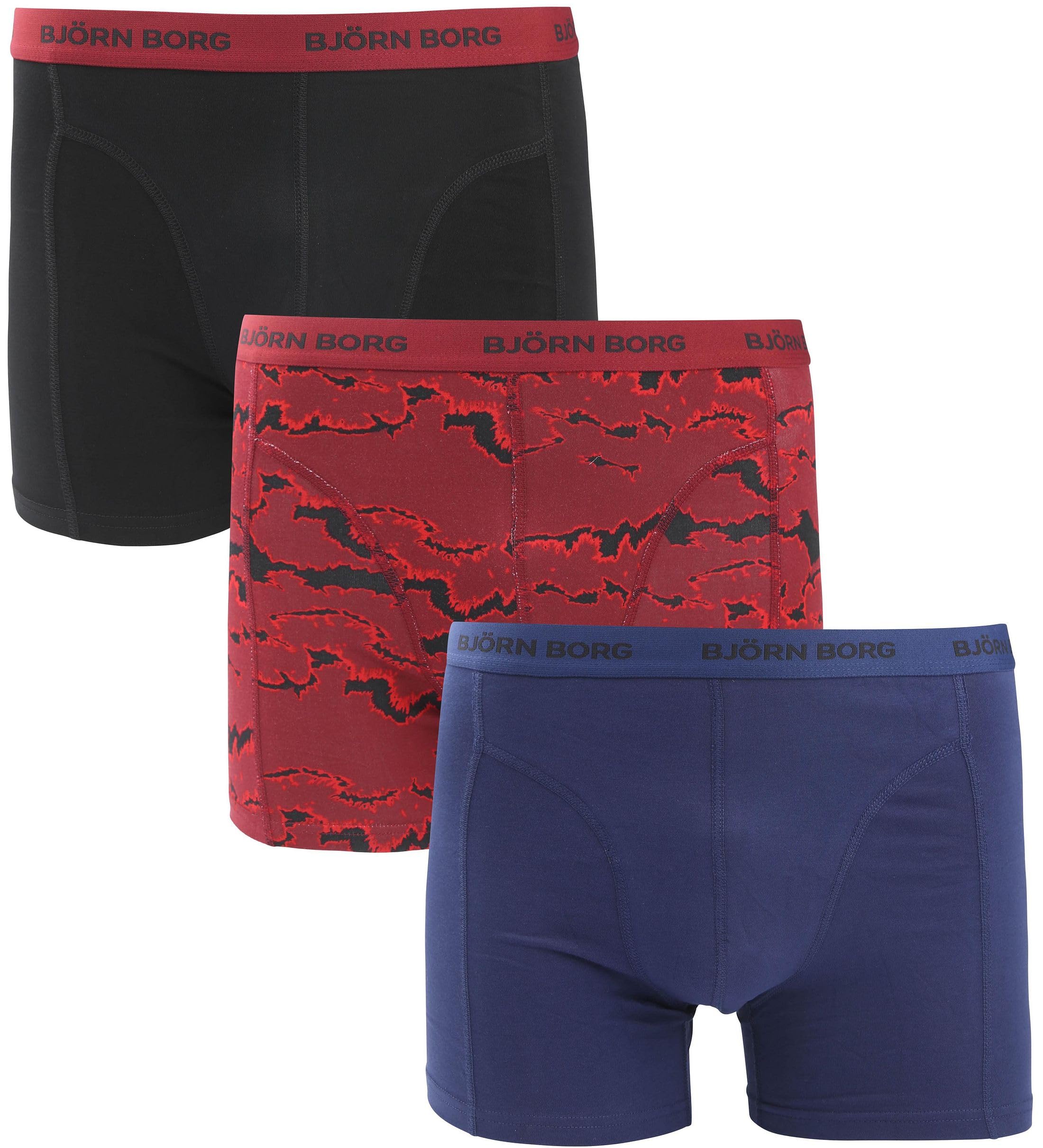 Björn Borg Men's Cotton Stretch Boxers (3-Pack) – Soft, Breathable Underwear with Comfort Waistband (UK, Alpha, M, Regular, Regular, Black/Red Print/Blue)