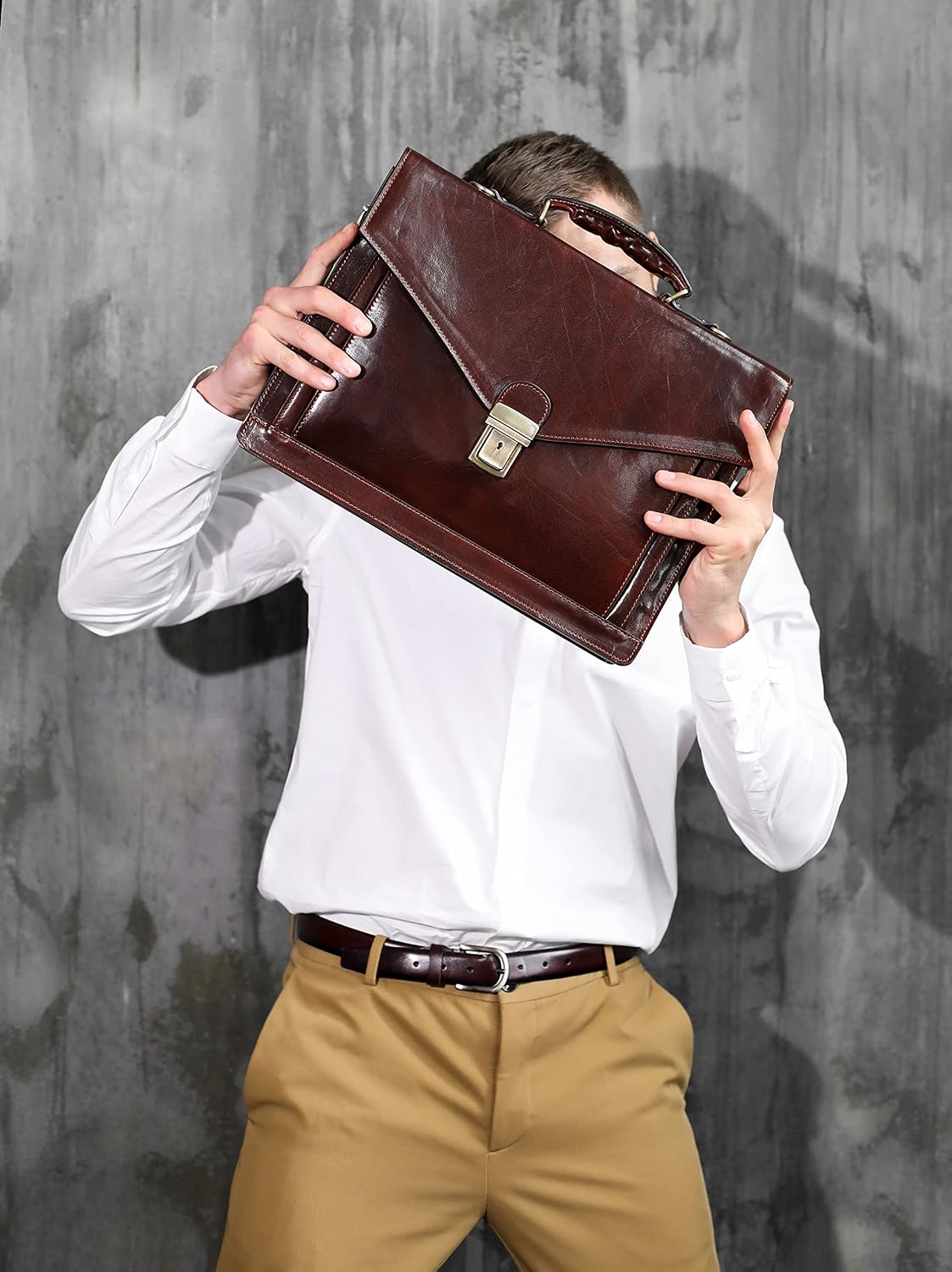 Holiday Deals 🛒 Leather Briefcase for Men Handmade Italian Laptop Bag Classy Brown Attache Case - Time Resistance