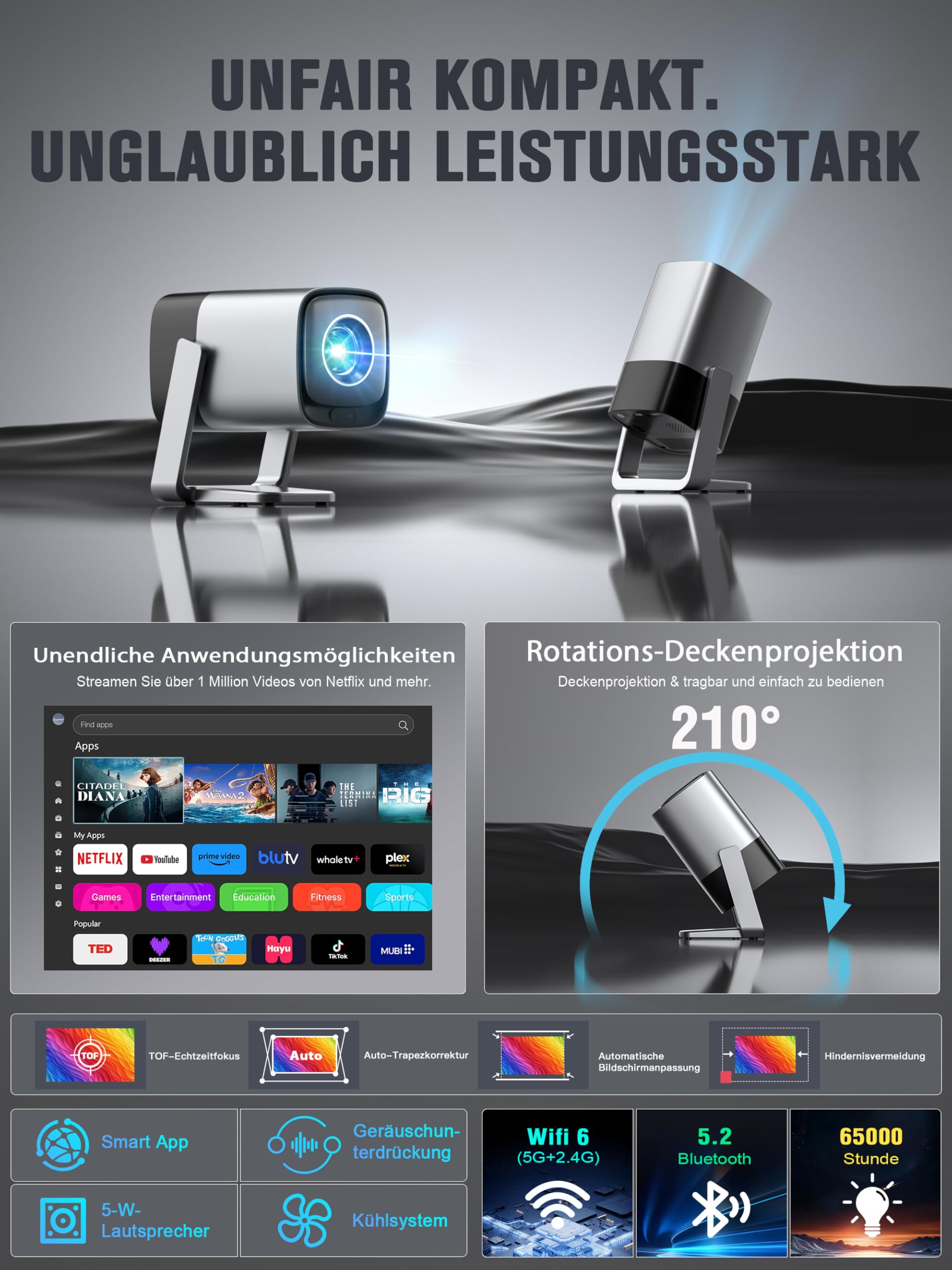Smart Mini Beamer 4K Kompatibel mit Netflix & Dolby Audio, XuanPad 30000 Lumen Beamer mit TOF Autofokus & Trapezkorrektur, WiFi6 & Bluetooth, 210° Heimkino/Outdoor Silver Projektor für Handy/PC