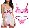 Xs and Os G-String Combo Offer! Women Babydoll Nightwear Lace Bra Panty Lingerie Set (Pack of 2 (White-Rose), Free Size)
