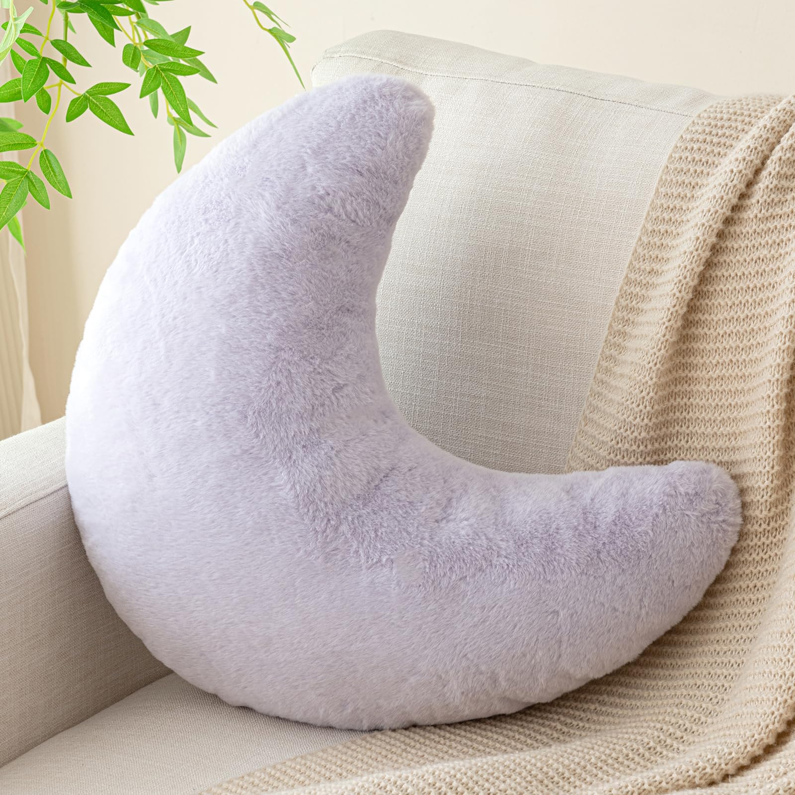 Moon Pillow, Decorative Throw Pillows with Soft Faux Rabbit for Bed Couch, Moon Shaped Pillows Plush Floor Cushions Room Decor Pillow for Sofa Bedroom Living Room