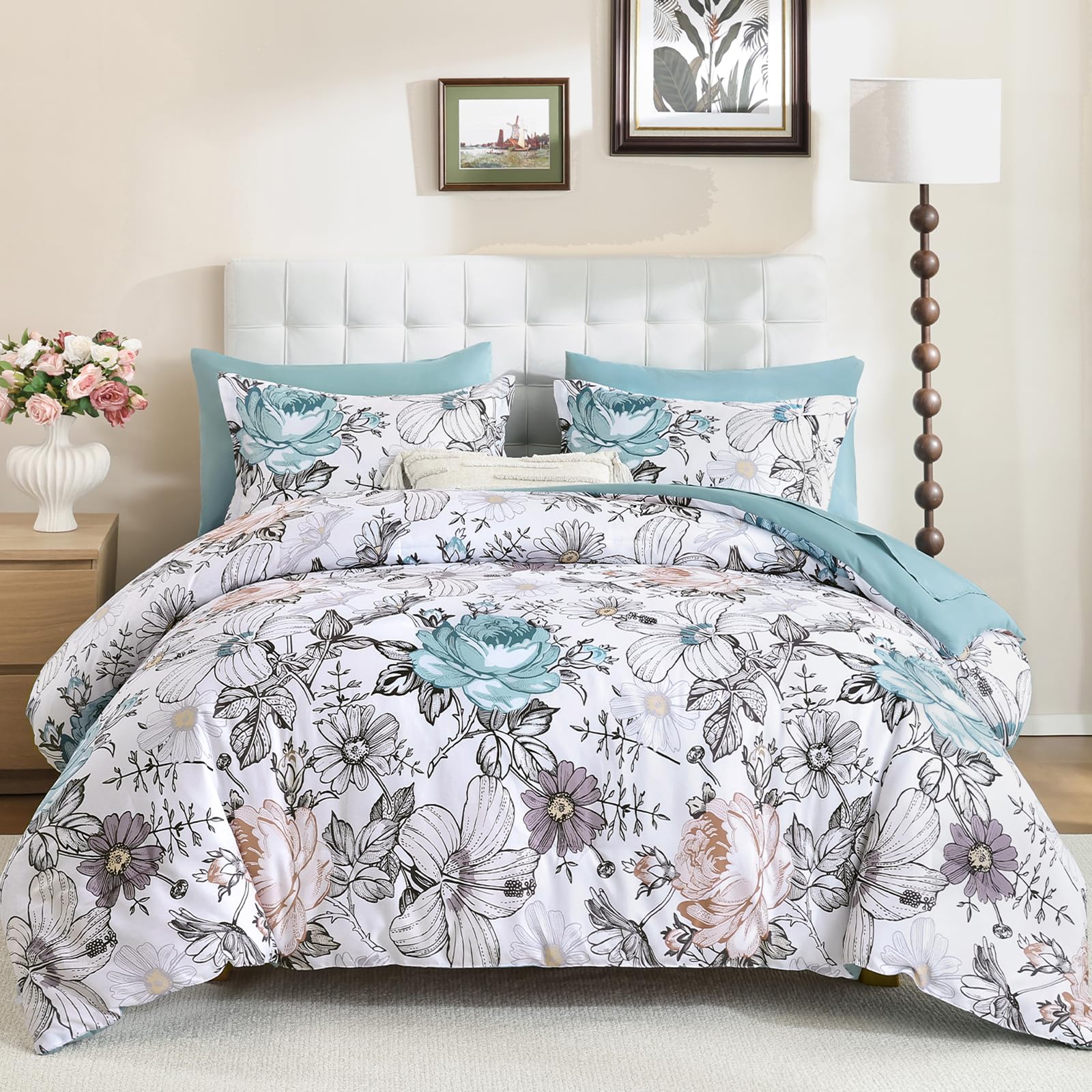 Luxudecor Queen Comforter Set 7 Pieces, Teal Blue Floral Comforter and Sheet Set