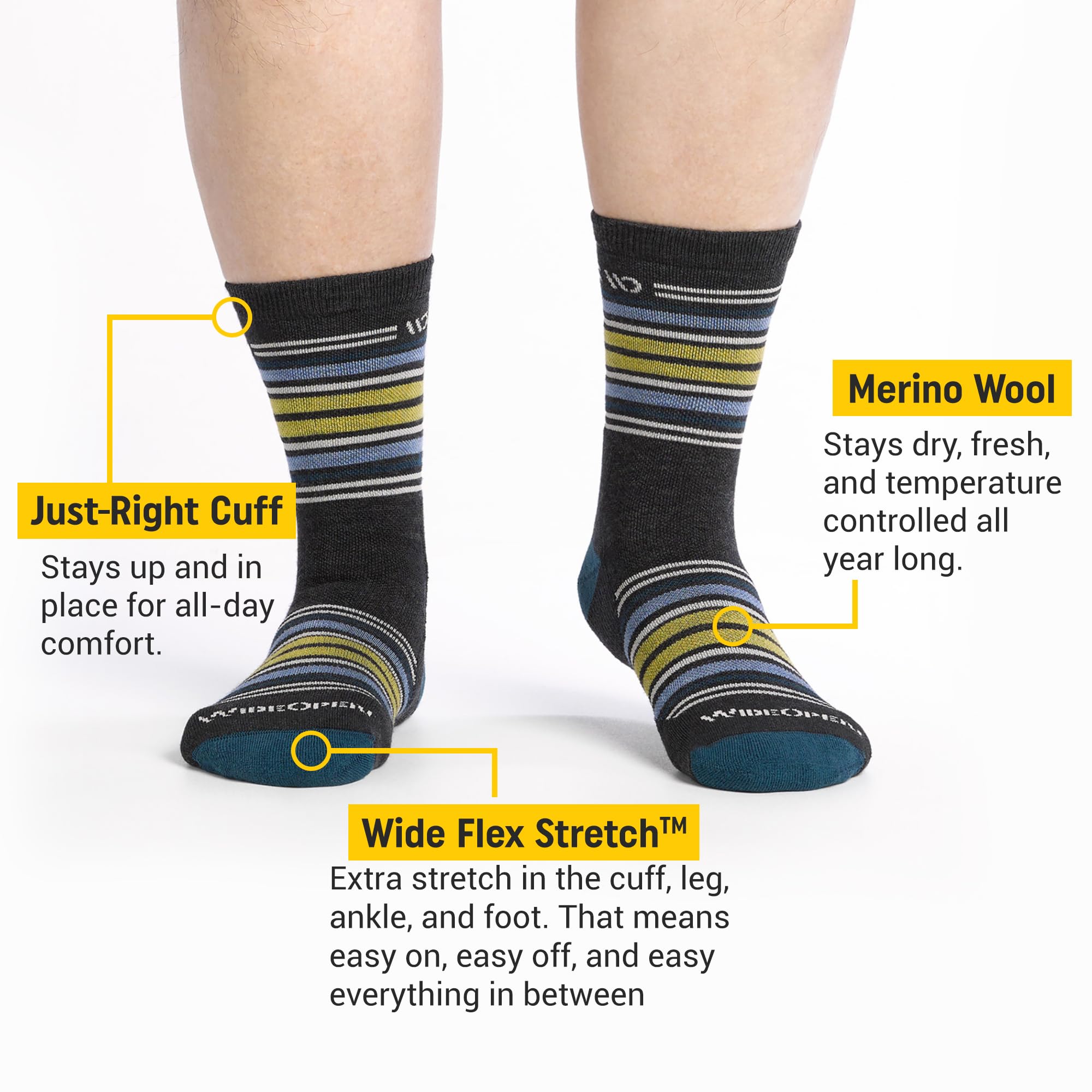 Wide Open Micro Crew Men's Socks - Merino Wool for Everyday Use, Wide Fit Micro Crew Socks for Men (Style 9005) - Charcoal, XXLarge