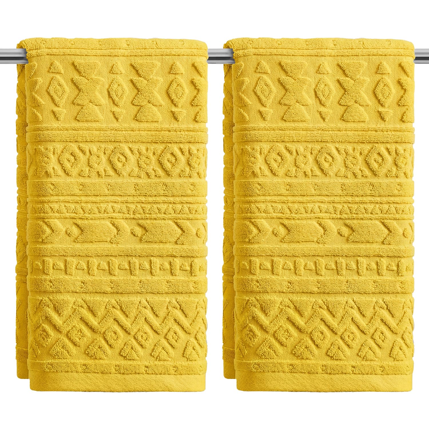 Artoid Mode Yellow 3D Geometric Design Jacquard Hand Towels for Bathroom 35 x 75 cm, 100% Cotton Soft Absorbent Bathroom Decor Towels Set of 2