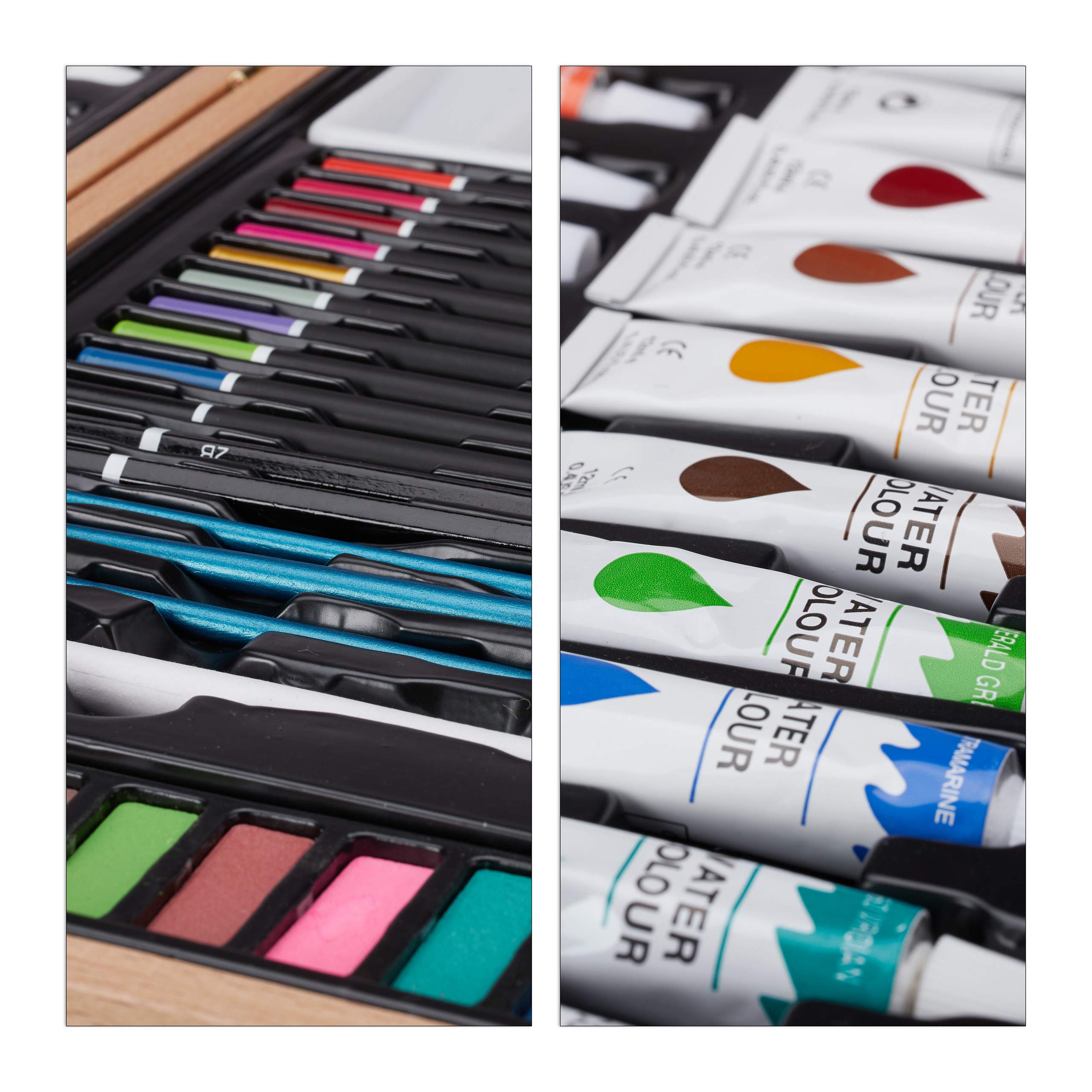 Relaxdays Maletín Pinturas con Goma, Sacapuntas, Lápices y Lapiceros Color, Madera, 56 Piezas, Acuarelas, Marrón