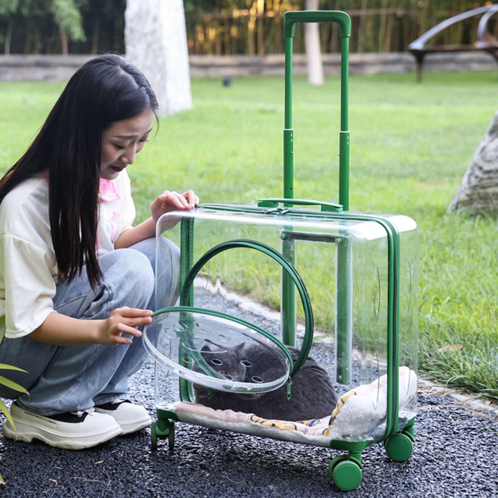 Trasportino per Gatti Bubble Trasparente con Ruote, Trasportino per Cani da Viaggio Respira Liberamente con Tappetini, Trasportino Leggero con Rotelle per Cani e Gatti,Green