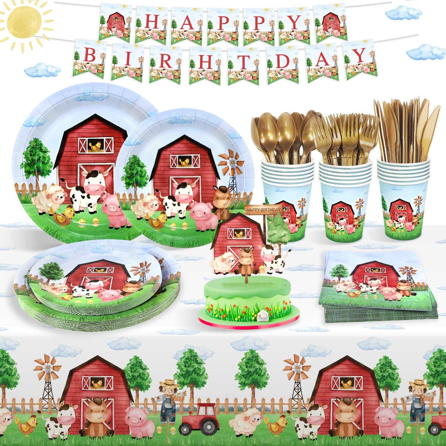 Farm Animals Birthday Party Decorations Plates Set 25 Guests,178 Pcs Farm Paper Plates Napkins Cups Cutlery Set Tablecloth Banner and Cake Topper Watercolor Theme Party Supplies