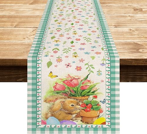 EDDERT Camino de mesa de comedor con diseño de conejo, casa de campo, mesa de arpillera, lino de conejo, decoración de cocina para vacaciones, boda,