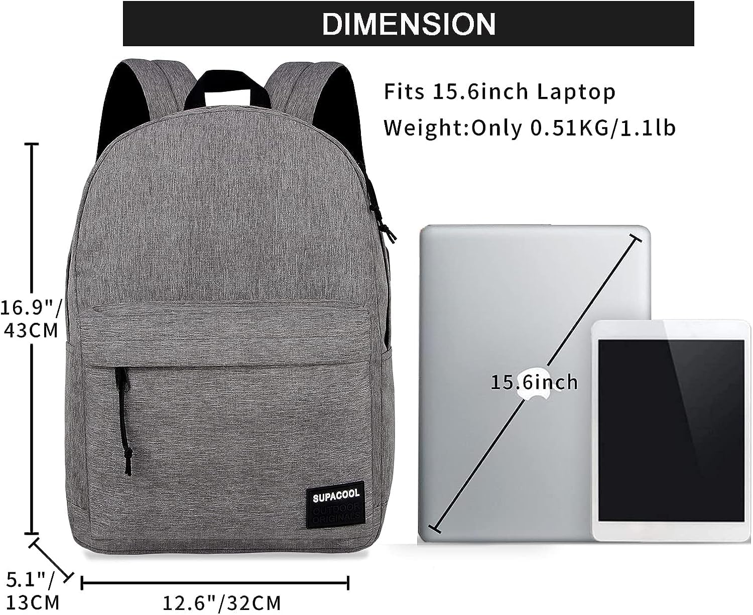 SUPACOOL Zaino leggero e casual con porta di ricarica USB per uomini e donne, borsa per libri di scuola per college, Big Size, laptop(Light Grey)