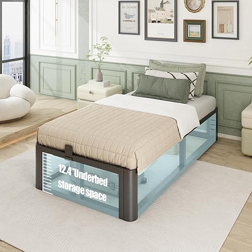 Miniatura 6 de Base de cama individual de metal resistente de 14 pulgadas con esquinas redondeadas y agujero para cabecero, retenedores de colchón de 3500 libras,