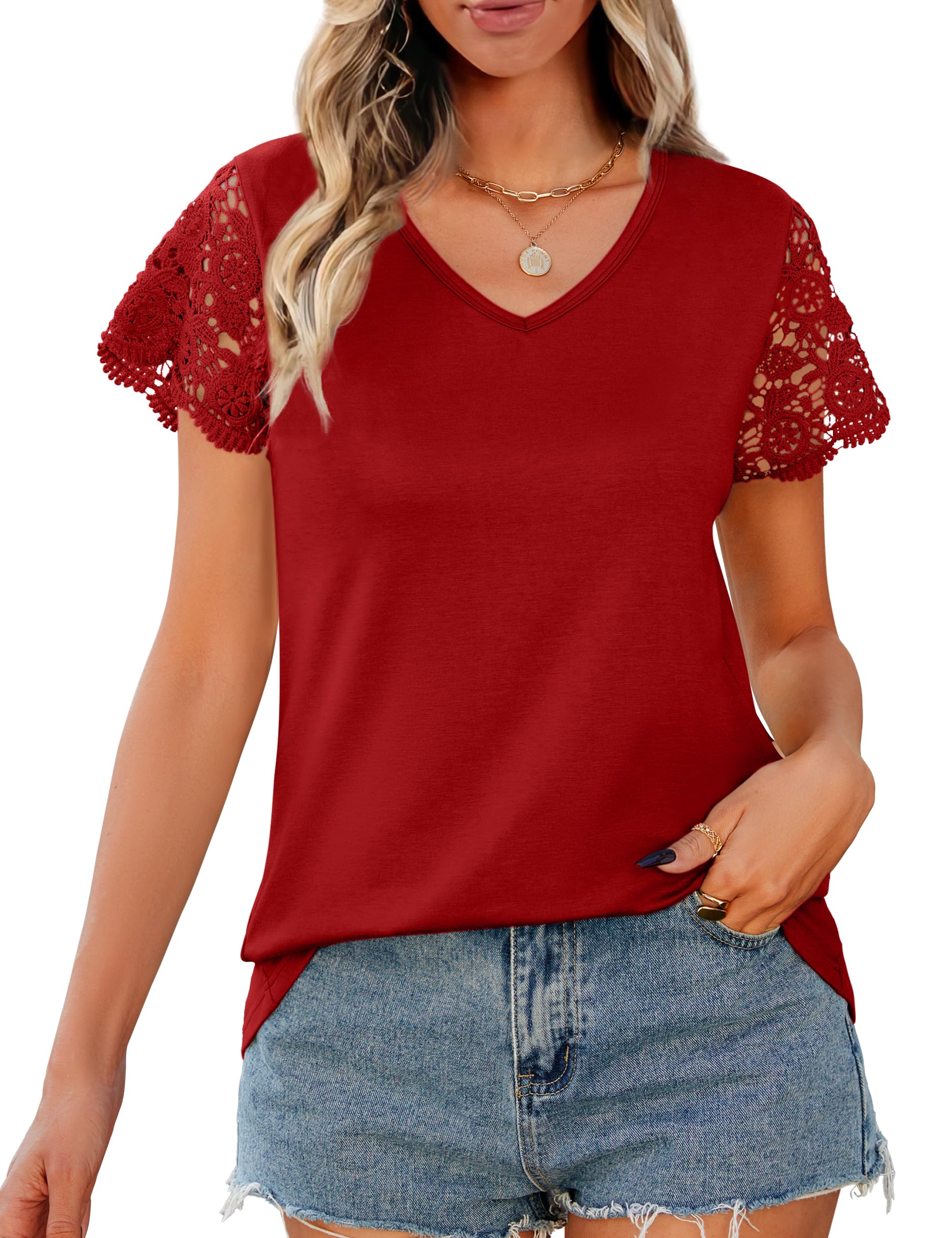 Desol Damen T-Shirt mit V-Ausschnitt und Spitzenärmeln, lässiges Kurzarm Oberteil für Freizeit und Alltag